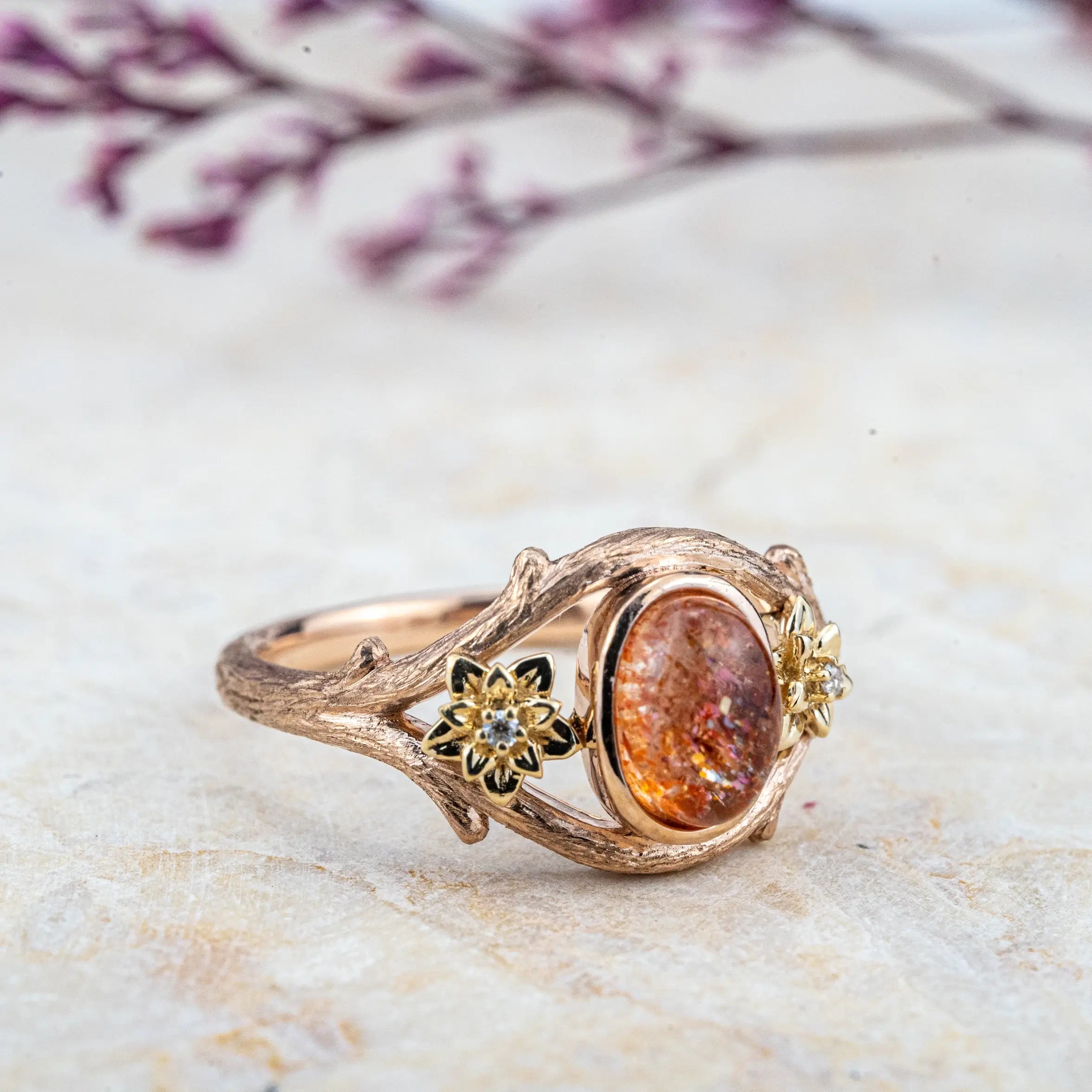 ORLEONE | Oval Sunstone Flower Rings Promise Engagement Ring Handmade Unique anniversary Rings for ladies