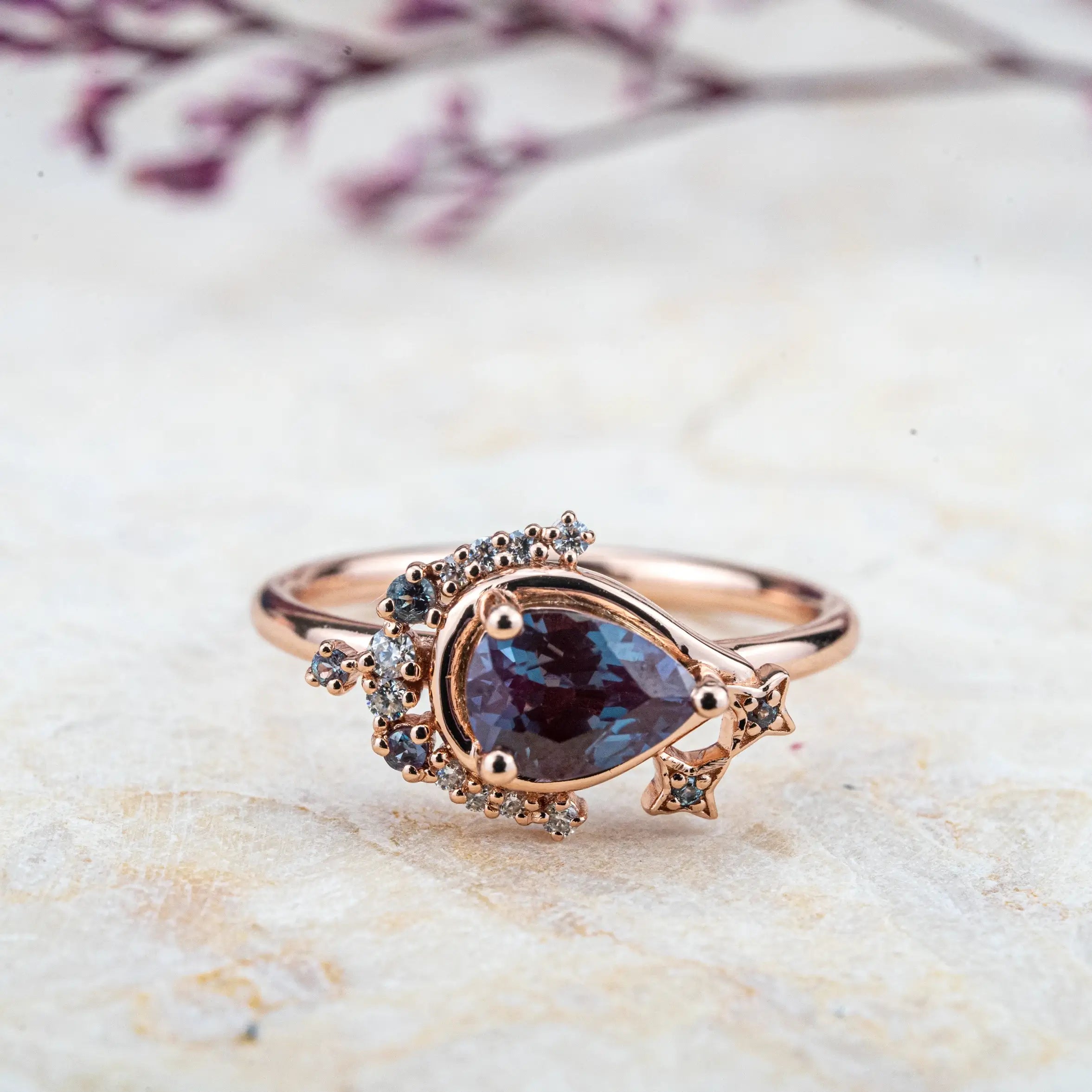 Pear Cut Alexandrite Engagement Ring Moon Design June Birthstone Rings