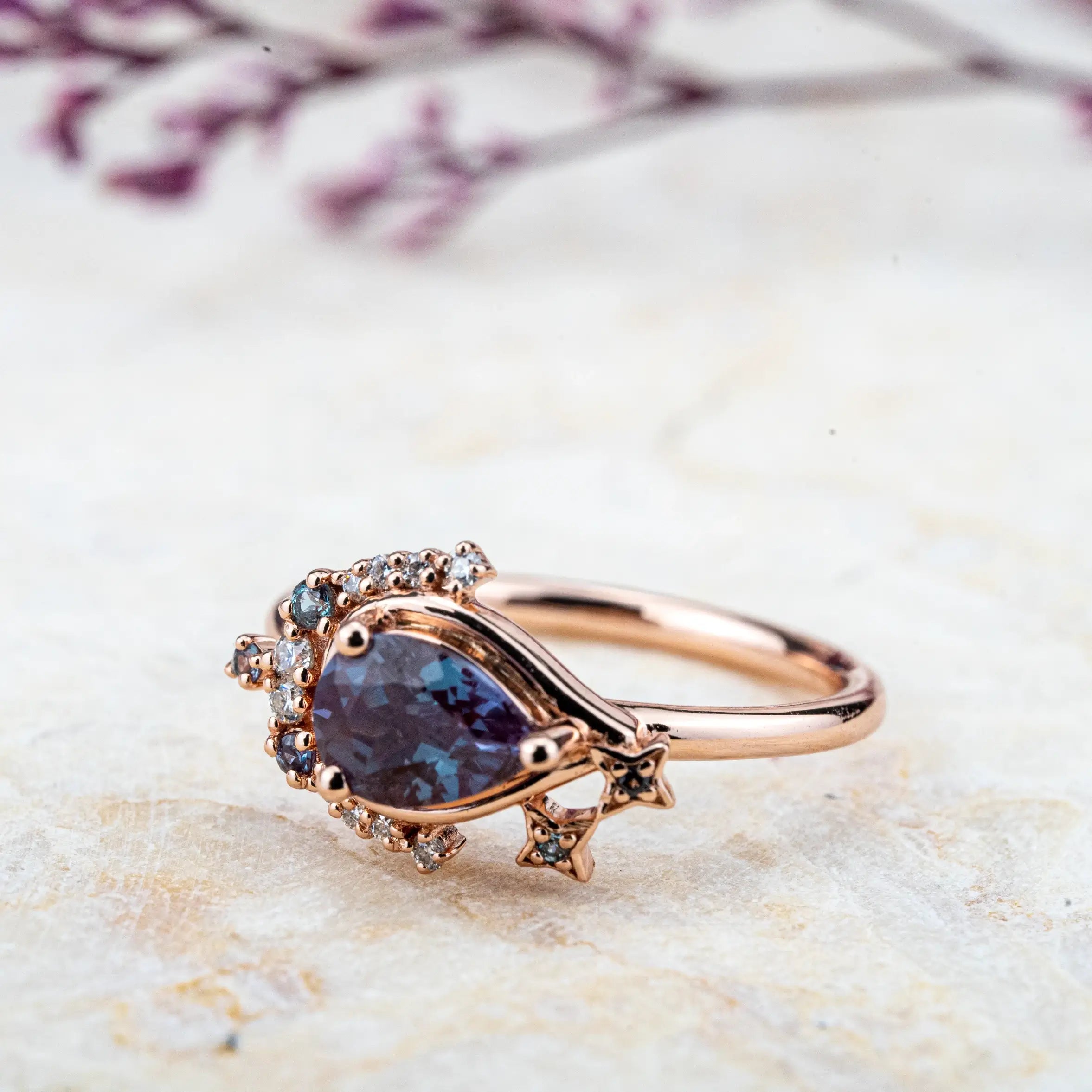 Pear Cut Alexandrite Engagement Ring Moon Design June Birthstone Rings