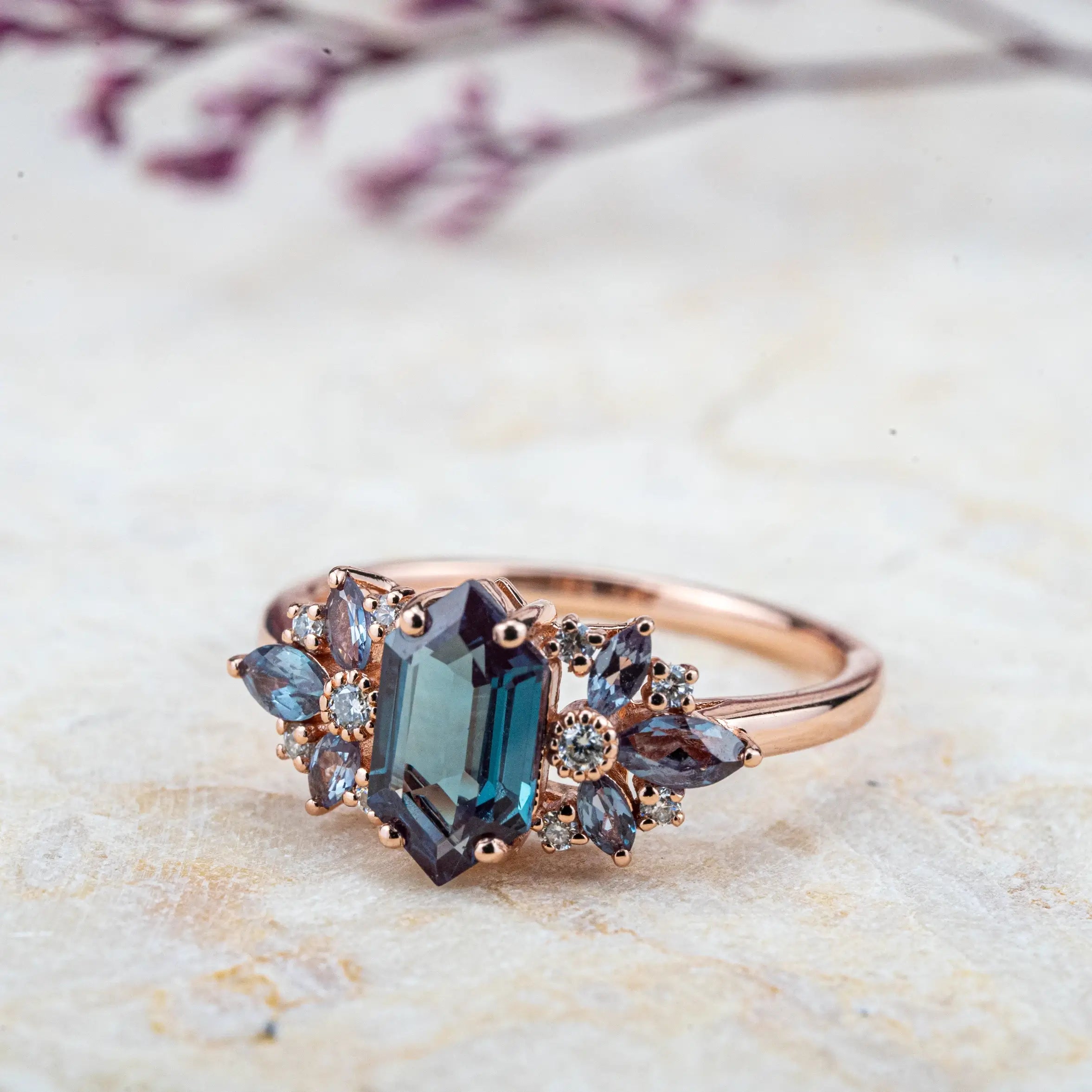 Alexandrite Art Ring | ORLEONE Custom June Birthstone Rings for women anniversary rings Long Hexagon Cut Gemstone