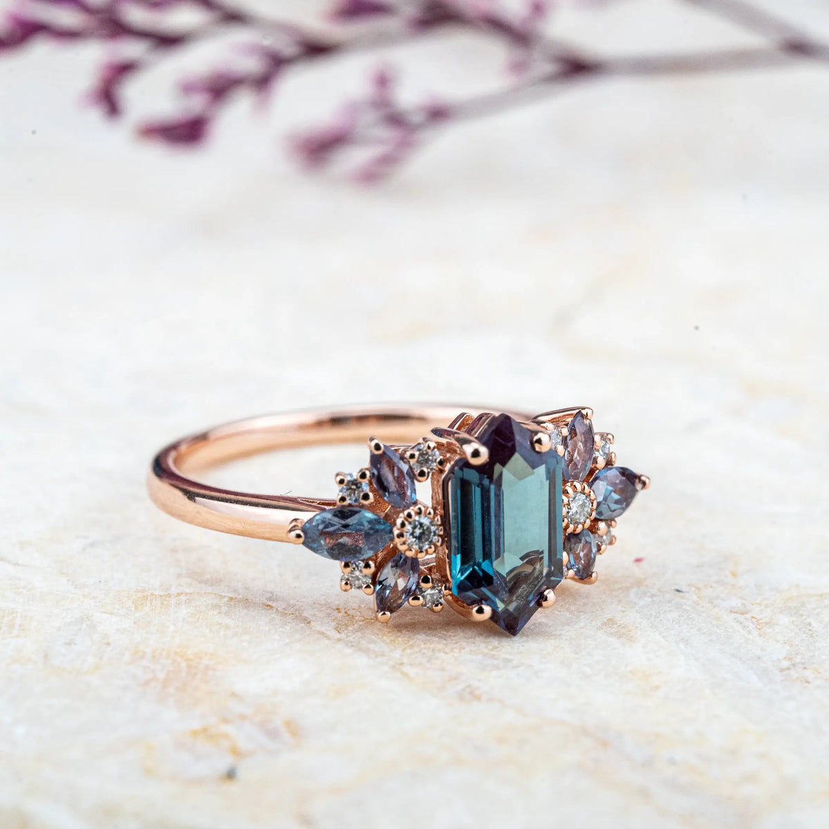 Alexandrite Art Ring | ORLEONE Custom June Birthstone Rings for women anniversary rings Long Hexagon Cut Gemstone