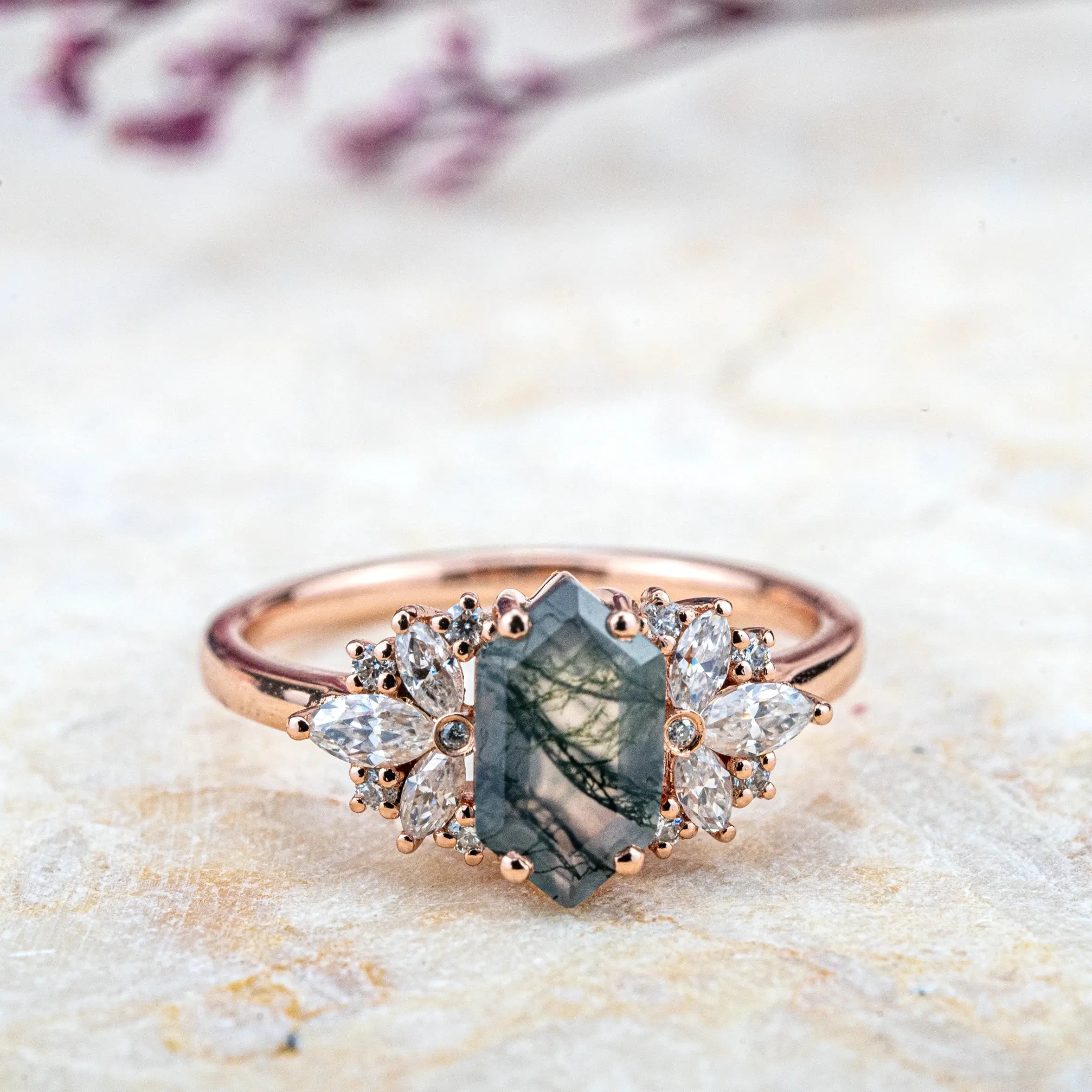 Custom Flower Gold Ring Cluster Moss Agate Engagement Rings ORLEONE JEWELRY anniversay rings for ladies