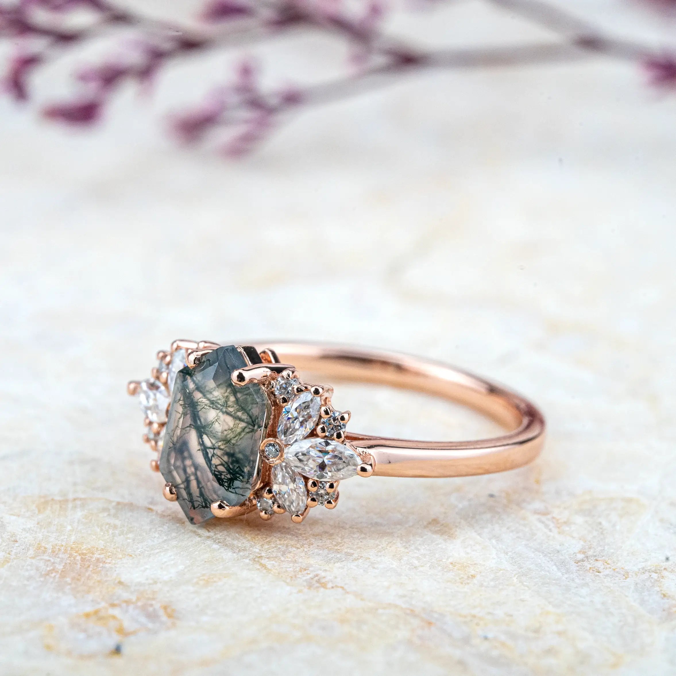 Custom Flower Gold Ring Cluster Moss Agate Engagement Rings ORLEONE JEWELRY anniversay rings for ladies