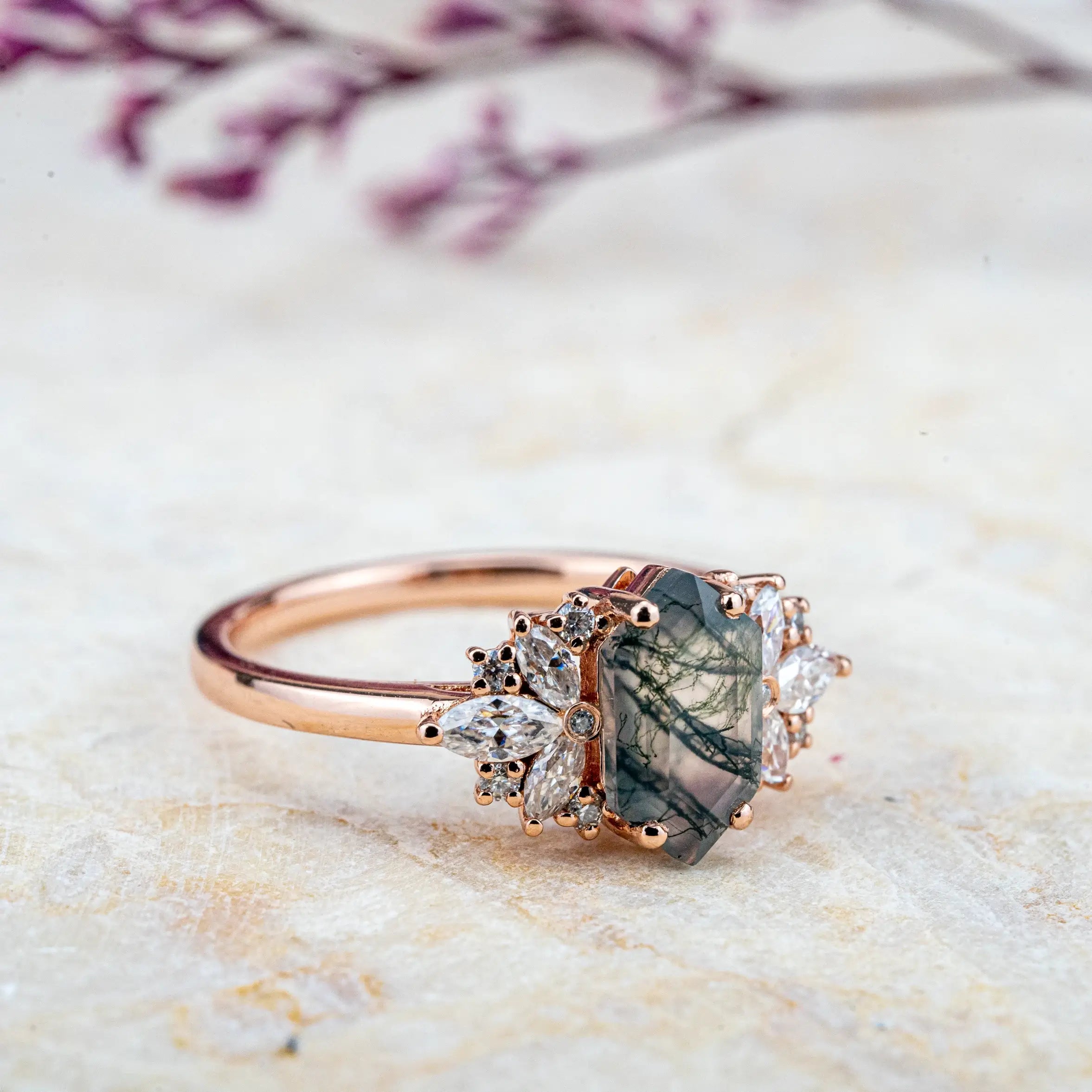 Custom Flower Gold Ring Cluster Moss Agate Engagement Rings ORLEONE JEWELRY anniversay rings for ladies