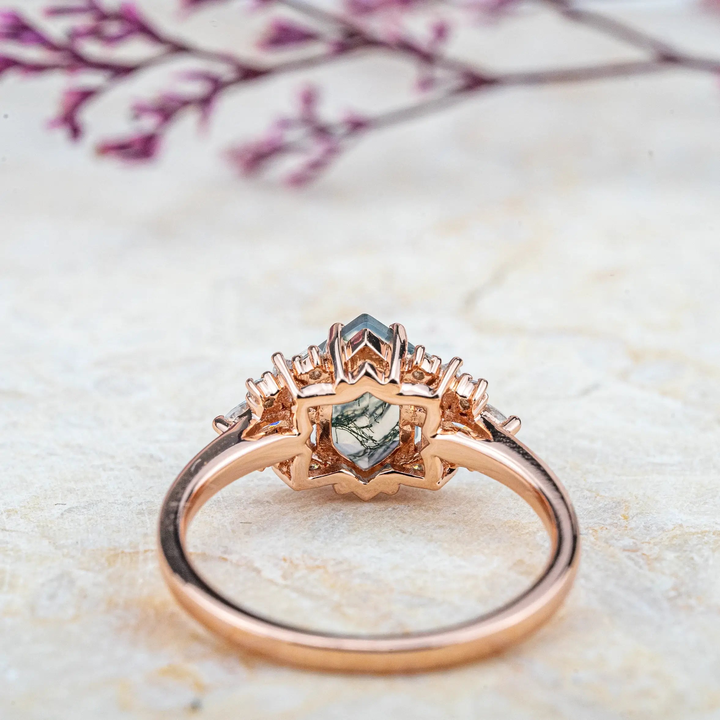 Custom Flower Gold Ring Cluster Moss Agate Engagement Rings ORLEONE JEWELRY anniversay rings for ladies