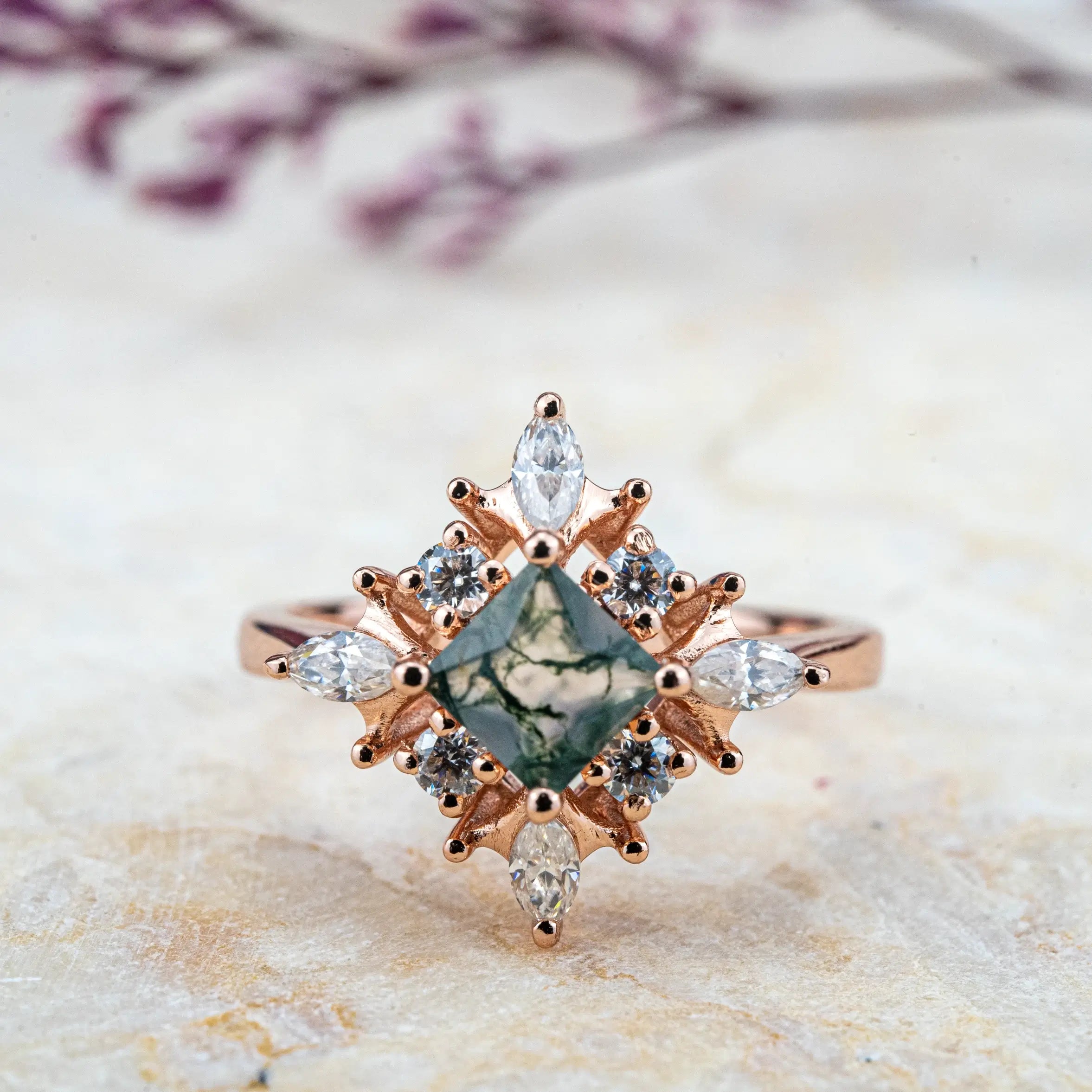 Princess Cut Moss Agate Engagement Rings Art Anniversary Rings nature inspired jewelry for ladies