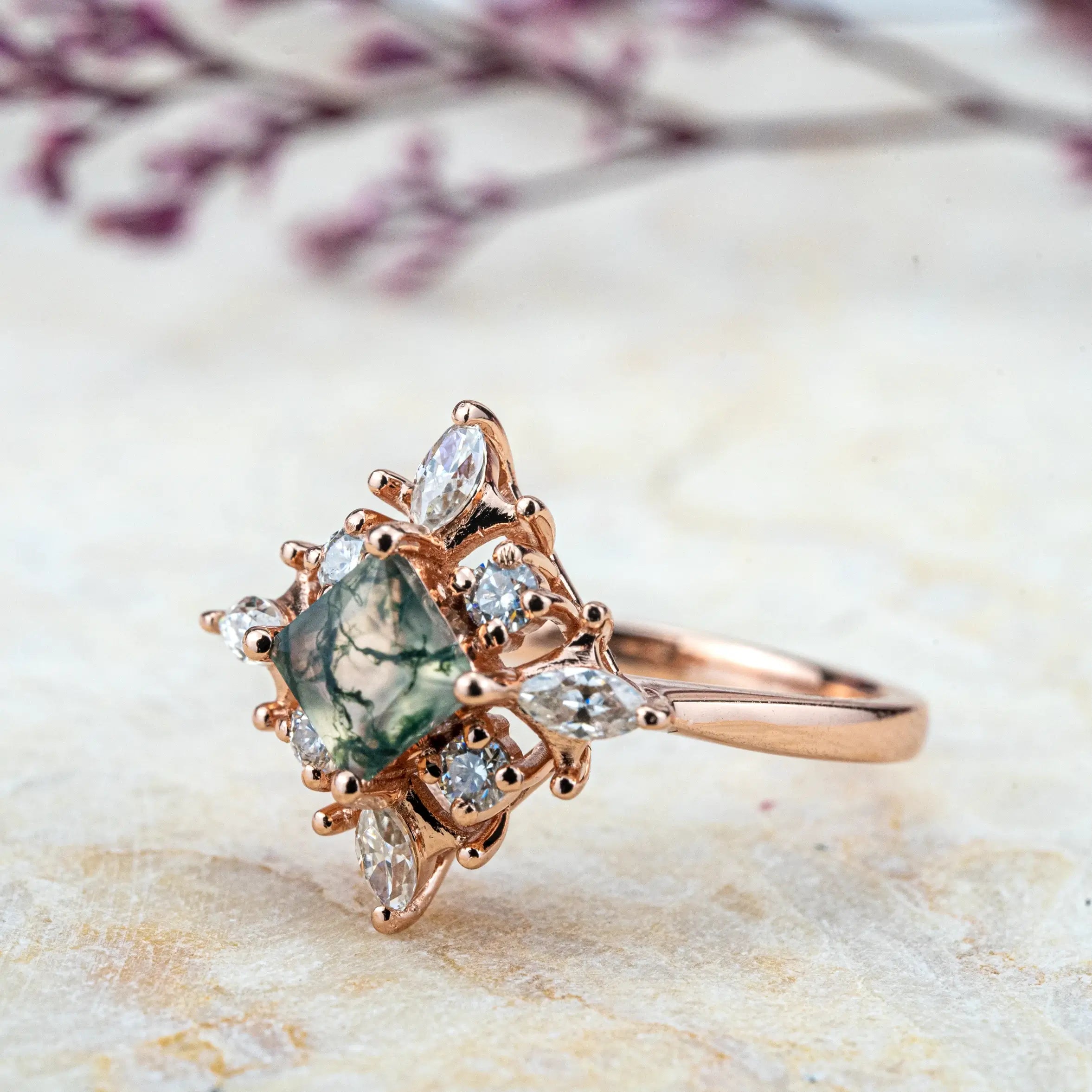 Princess Cut Moss Agate Engagement Rings Art Anniversary Rings Custom nature inspired jewelry for ladies