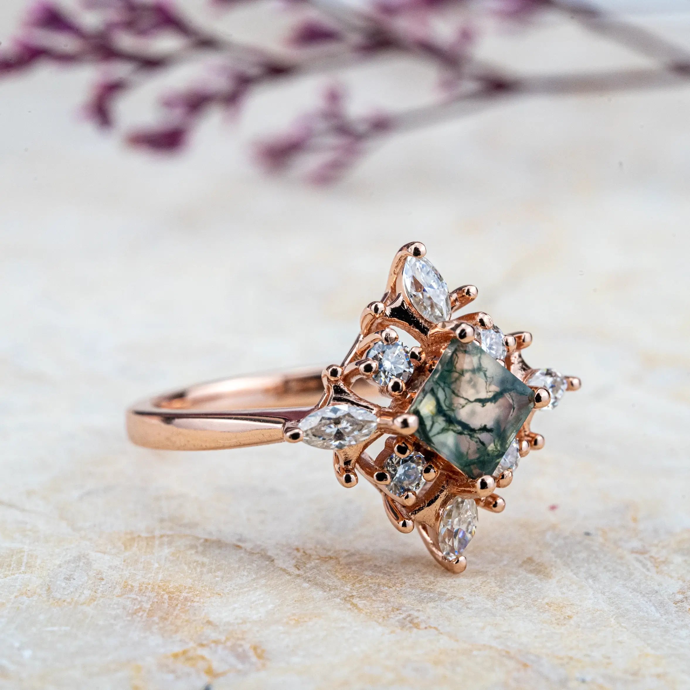 Princess Cut Moss Agate Engagement Rings Art Anniversary Rings Custom nature inspired jewelry for ladies