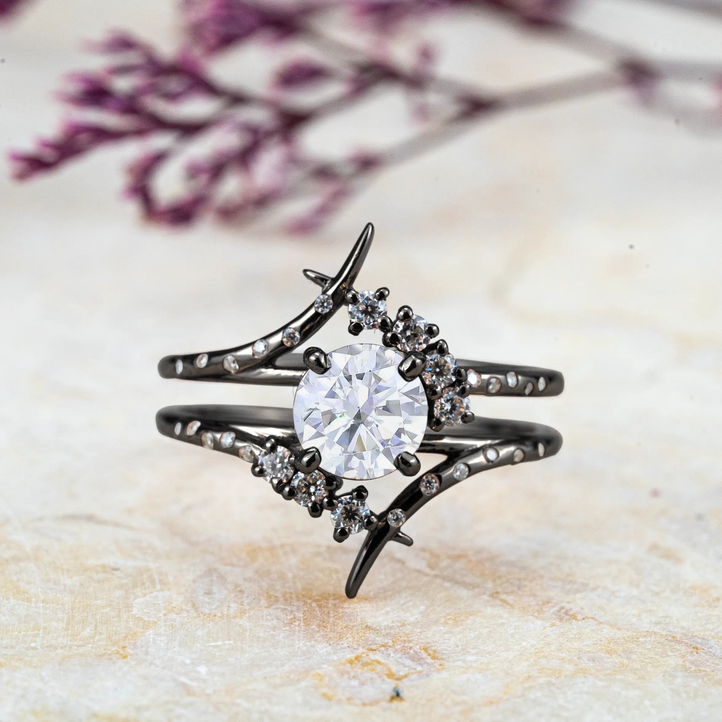 Astrid Black Gold Moissanite Ring – Celestial Double Band Engagement Rings Custom Unique Promise Ring