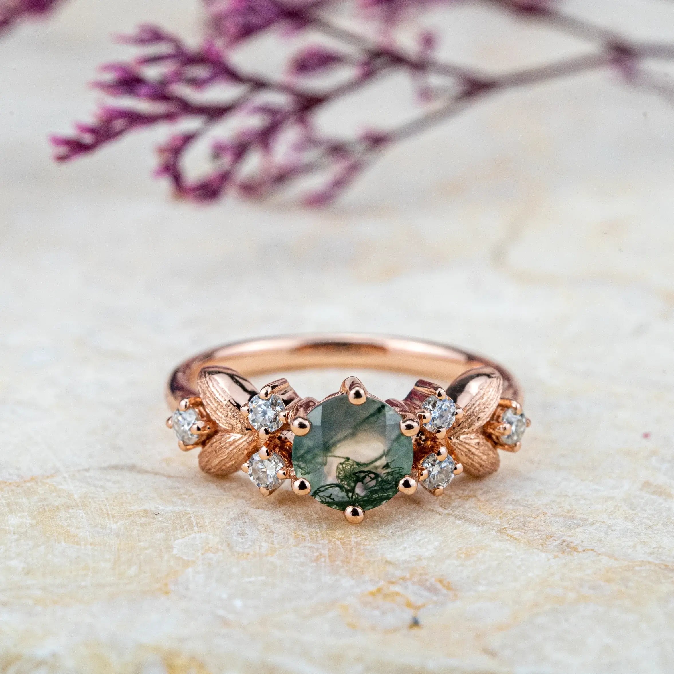 Art Floral Ring Round Natural Moss Agate Engagement Rings For Ladies Jewelry Handmade Custom Unique leaf ring