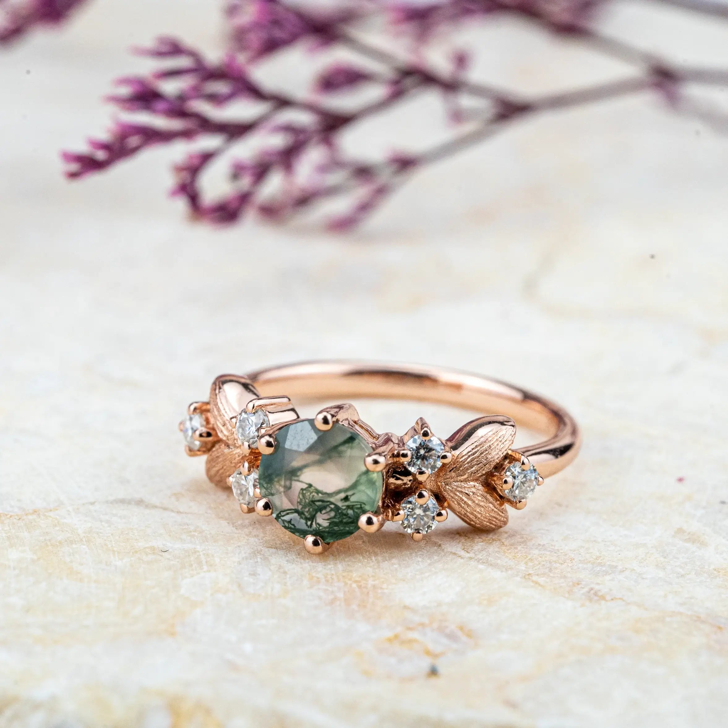 Art Floral Ring Round Natural Moss Agate Engagement Rings For Ladies Jewelry Handmade Custom Unique leaf ring