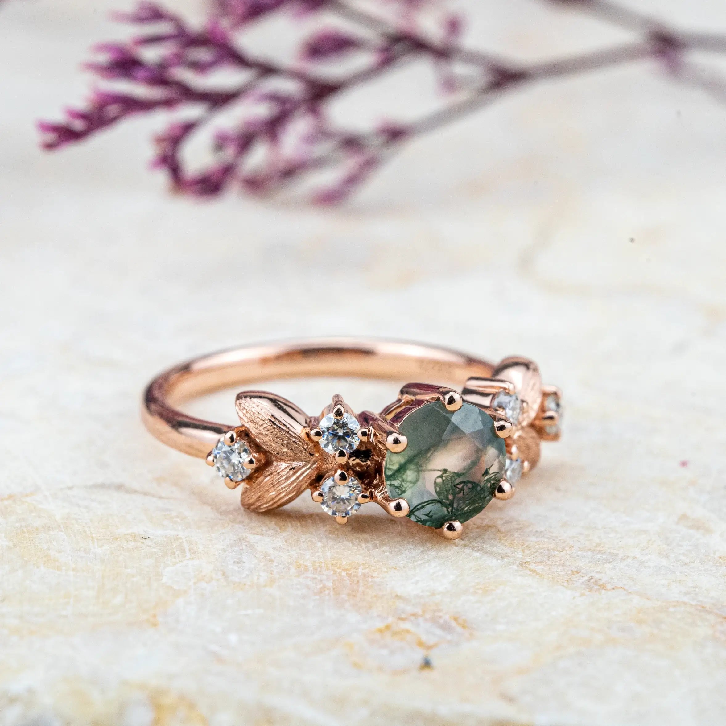 Art Floral Ring Round Natural Moss Agate Engagement Rings For Ladies Jewelry Handmade Custom Unique leaf ring