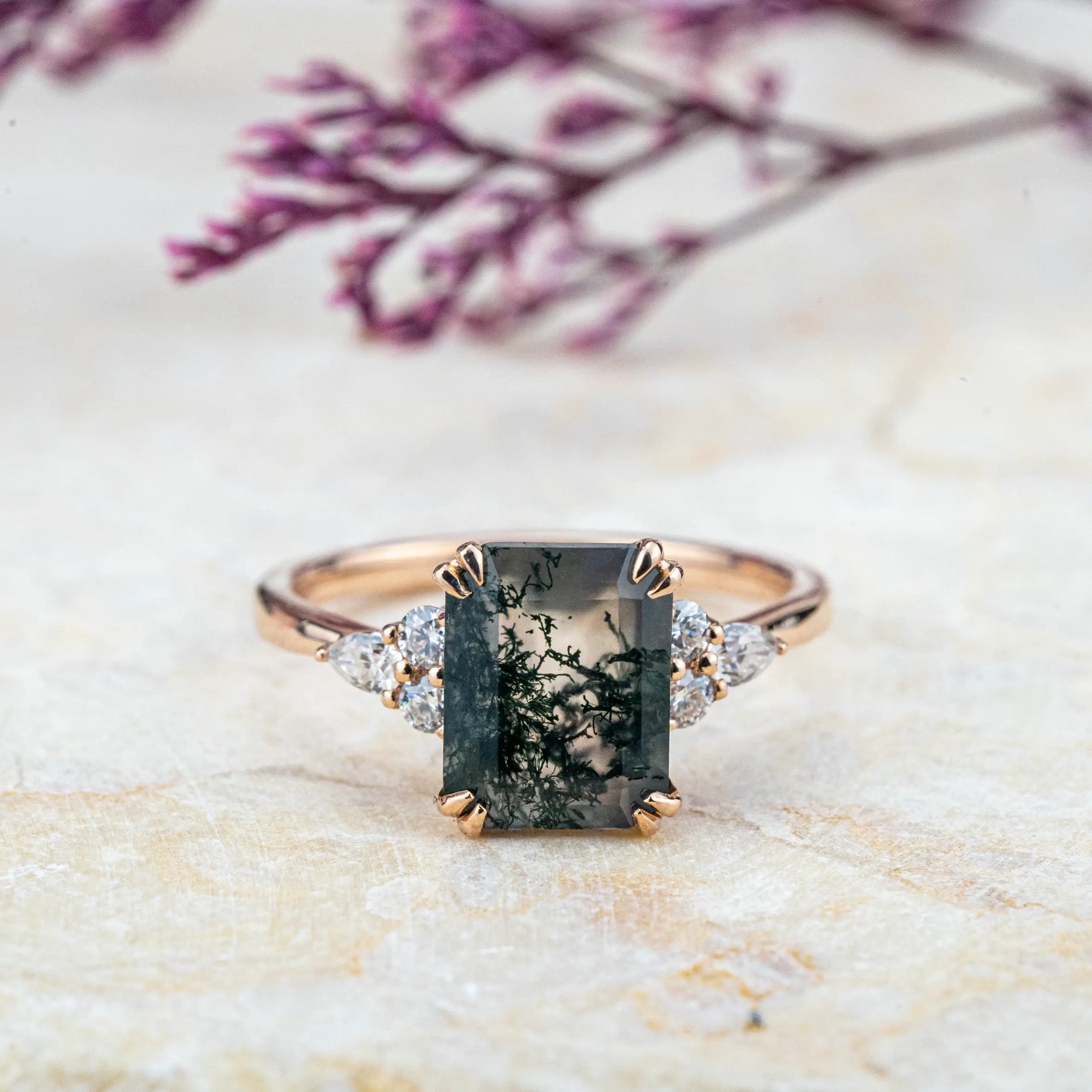 Shop Best Handmade Custom Emerald Cut Moss Agate Engagement Rings Cluster Gold Ring