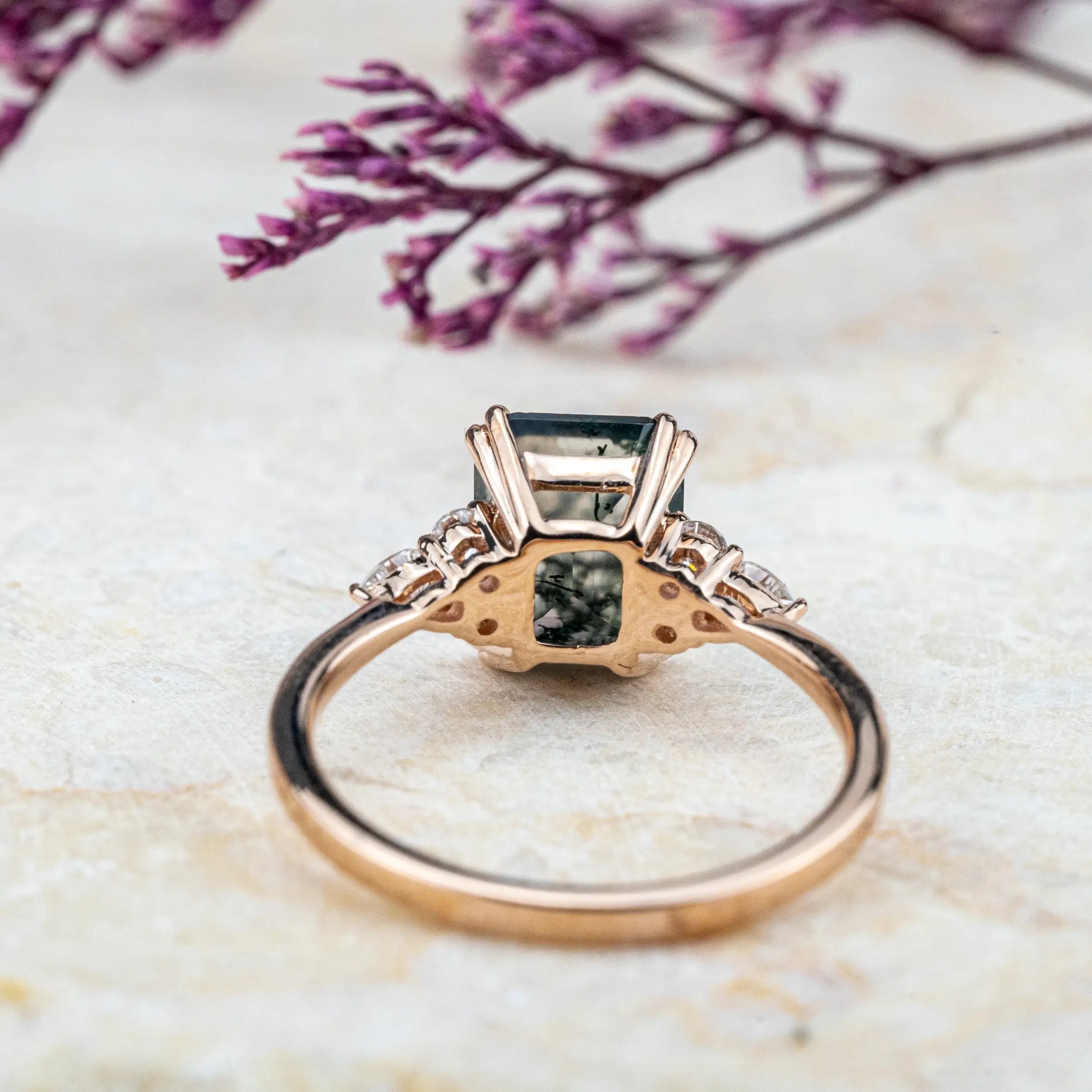 Shop Best Handmade Custom Emerald Cut Moss Agate Engagement Rings Cluster Gold Ring