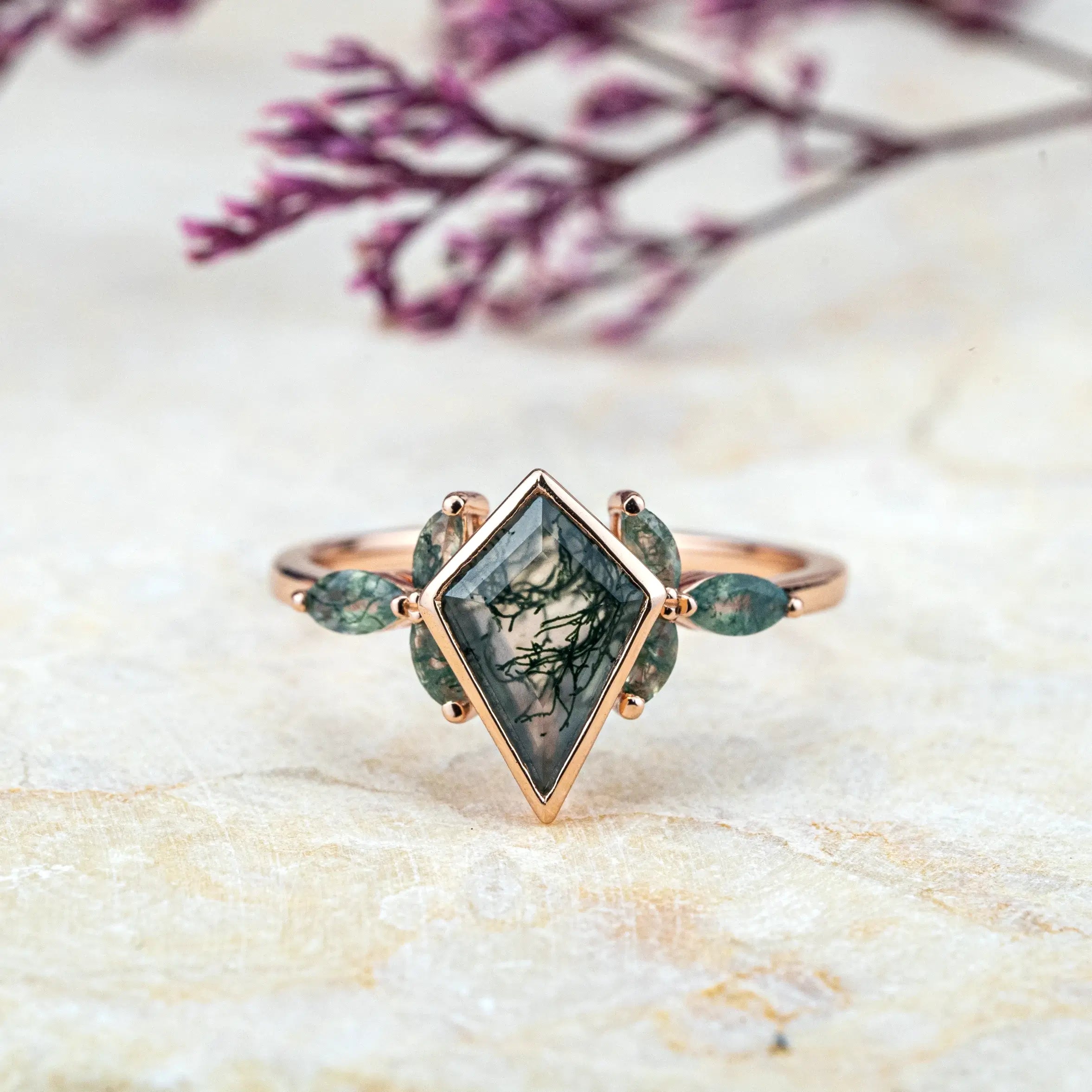 Customized unique luxury Beze Set Kite Cut Moss Agate Rings Natural Inspired Design Flora 18k Rose Gold Ring