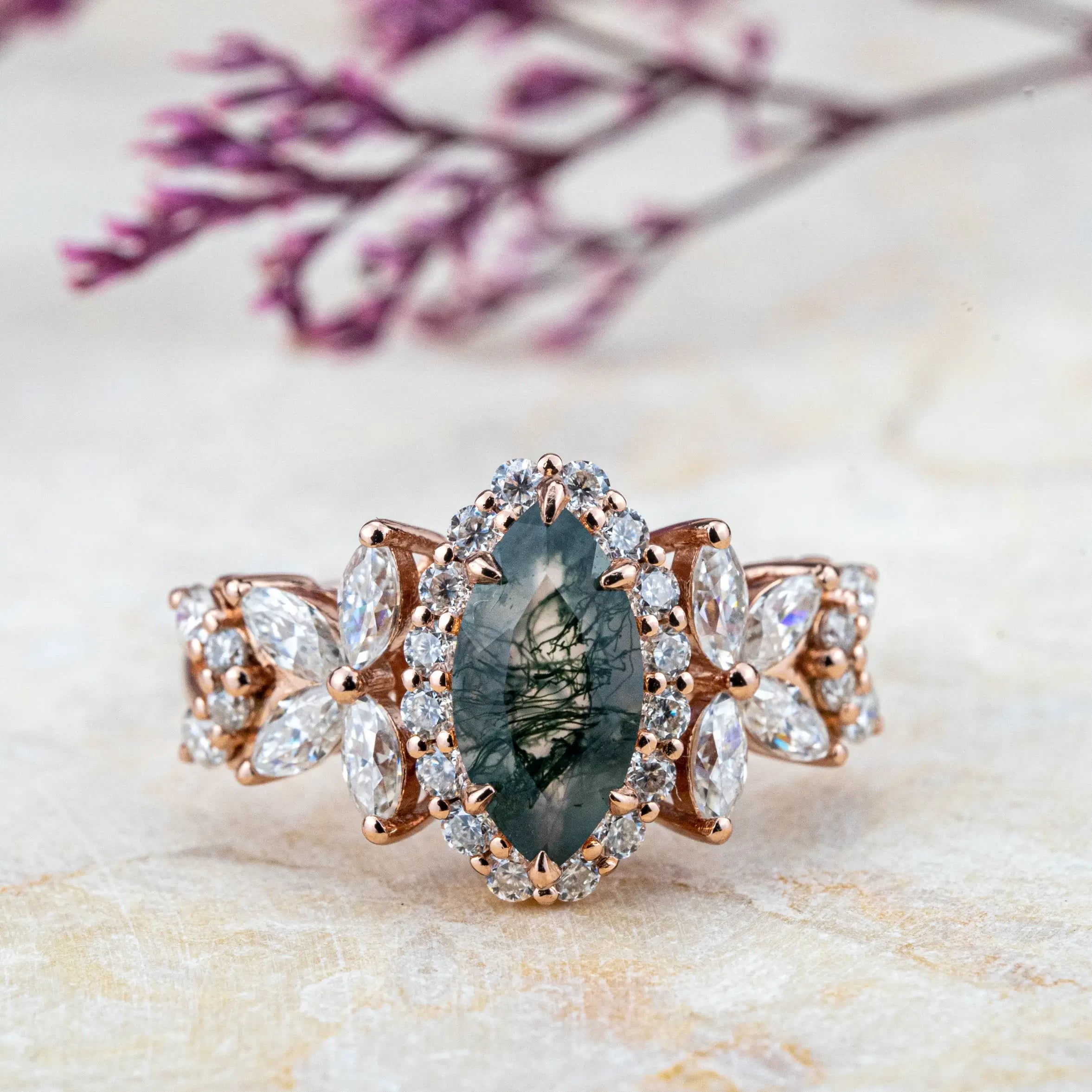 butterfly Design Luxurious Marquise Moss Agate Engagement Rings Halo Ring Custom gold ring jewelry