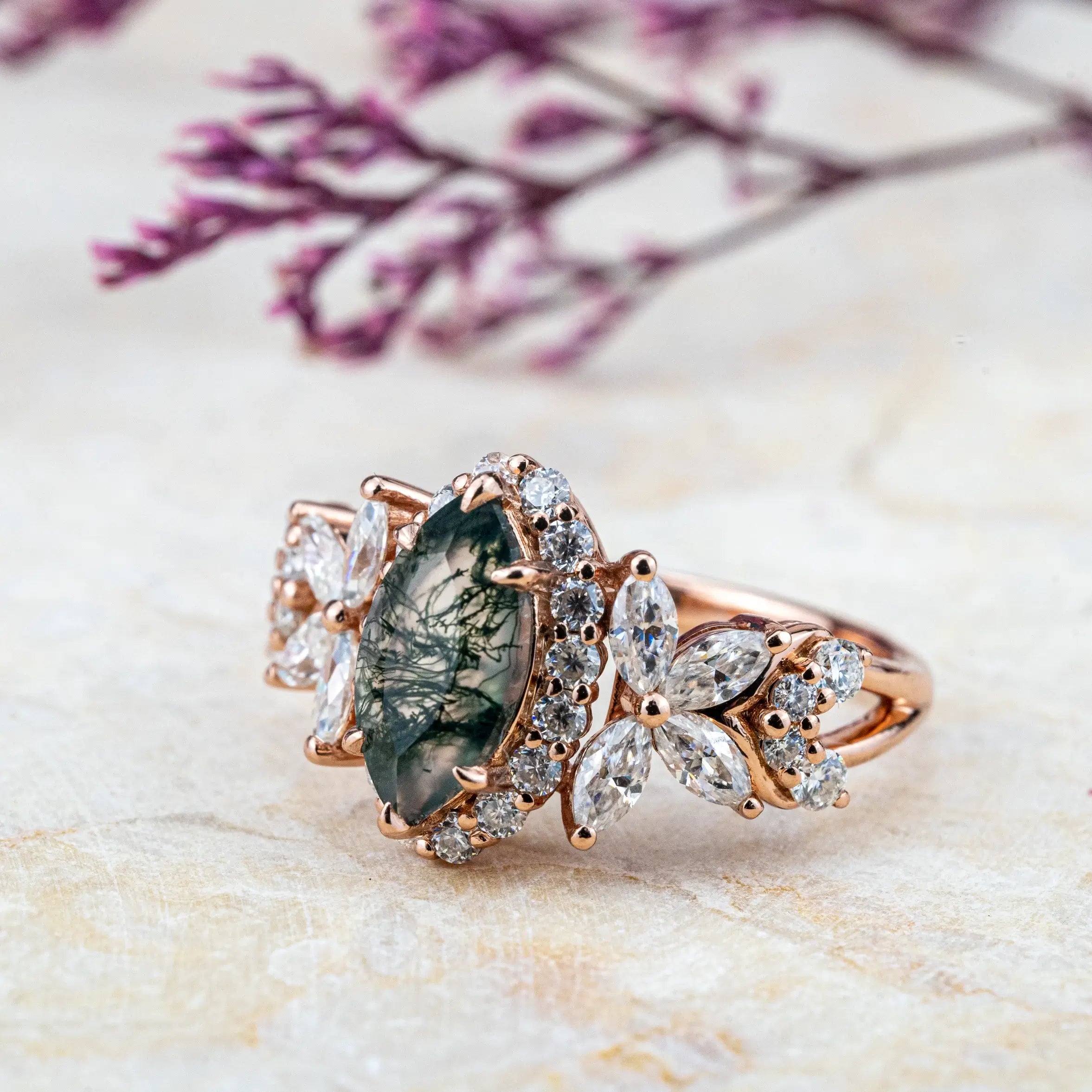 butterfly Design Luxurious Marquise Moss Agate Engagement Rings Halo Ring Custom gold ring jewelry