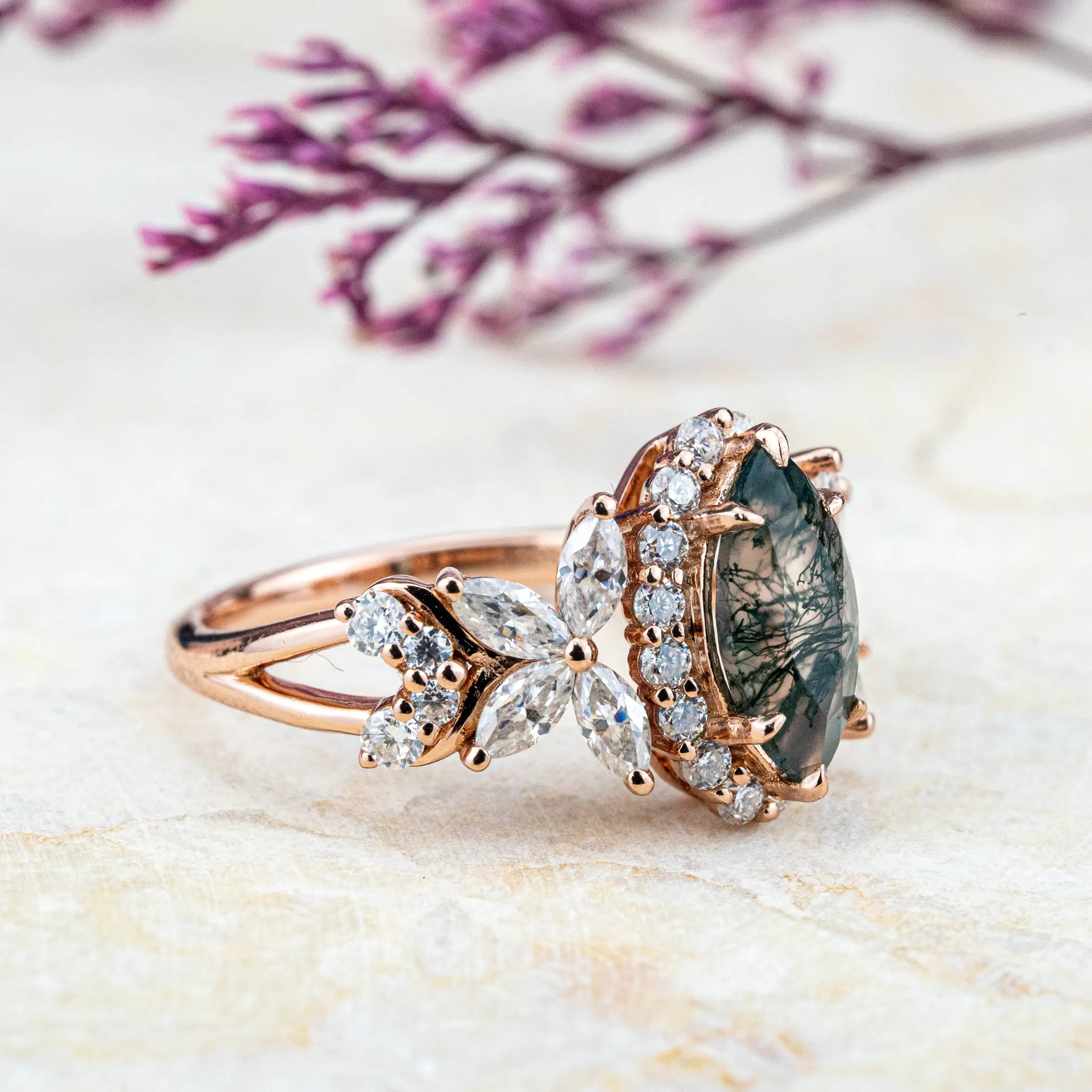 butterfly Design Luxurious Marquise Moss Agate Engagement Rings Halo Ring Custom gold ring jewelry