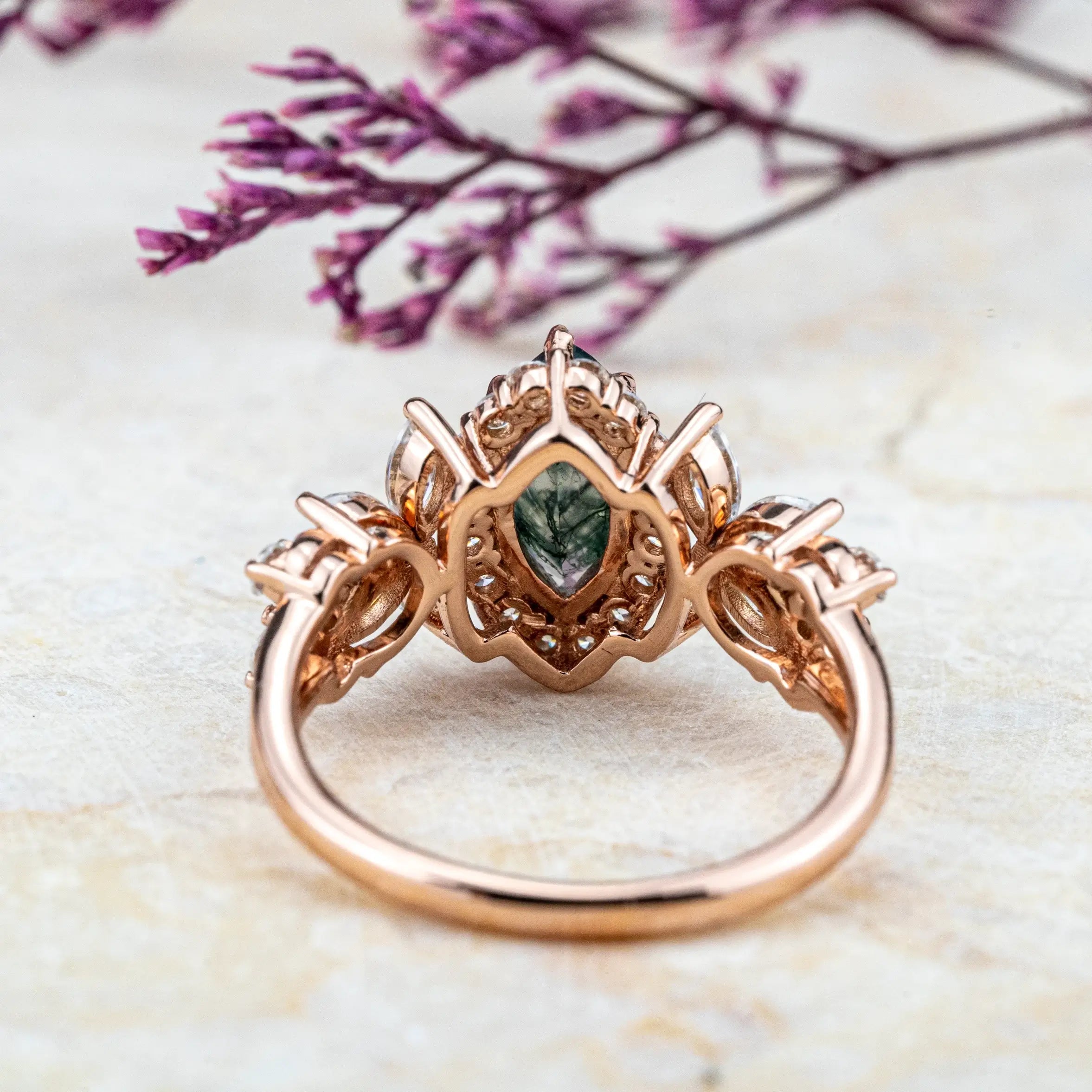 butterfly Design Luxurious Marquise Moss Agate Engagement Rings Halo Ring Custom gold ring jewelry