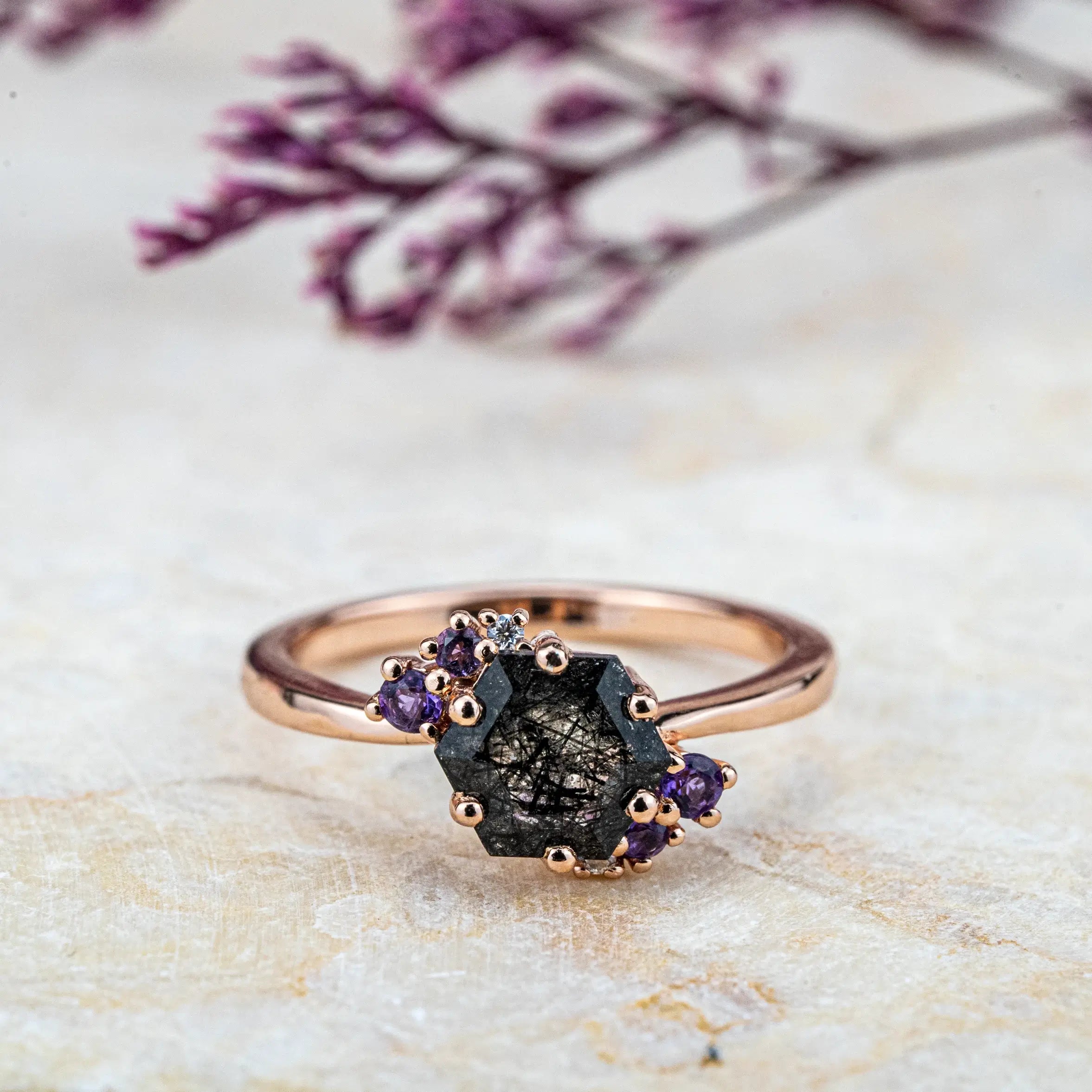 CUSTOTM Calla - Hexagon Cut Black Rutilated Quartz Rings Cluster Engagement Rings