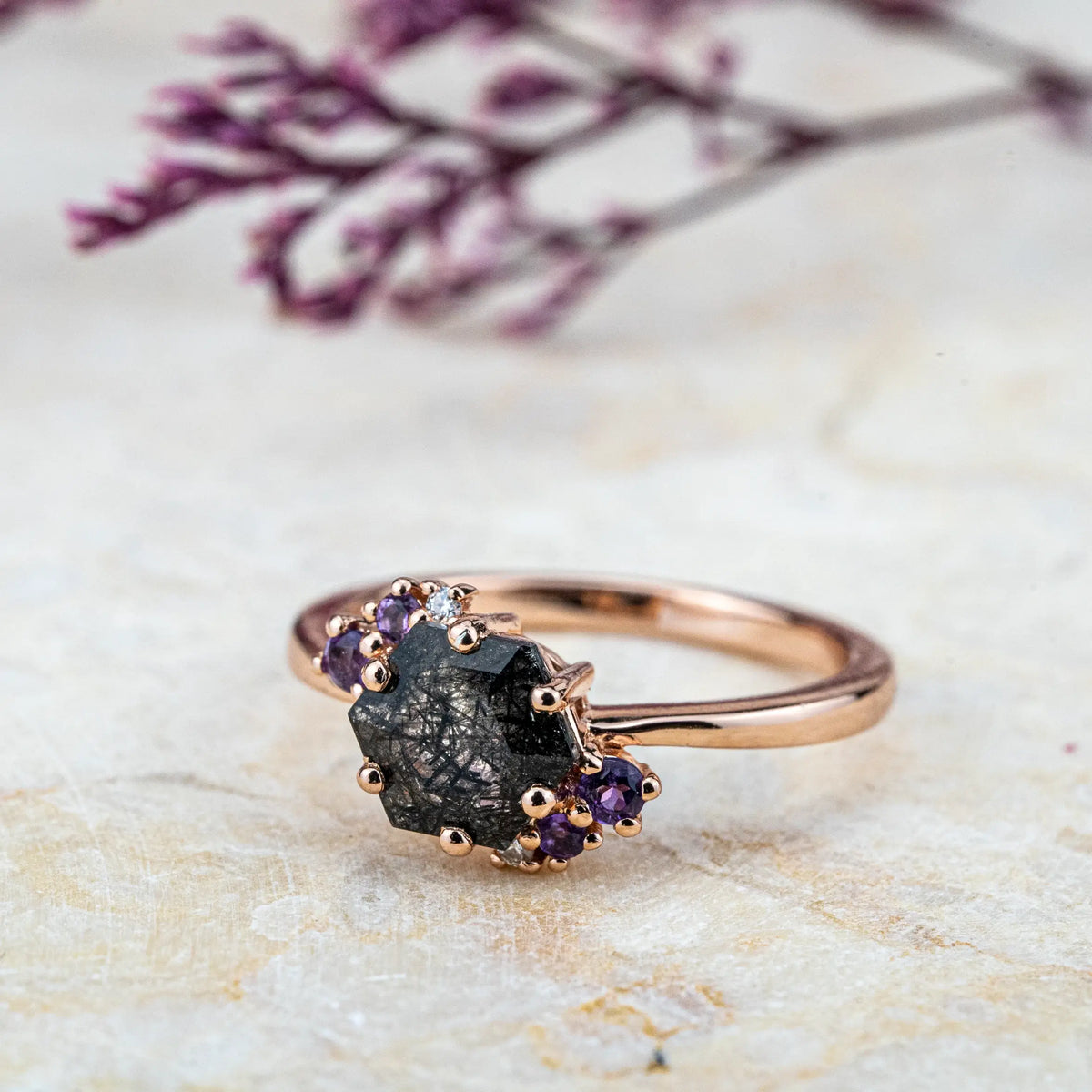Calla - Hexagon Cut Black Rutilated Quartz Rings Cluster Engagement Rings