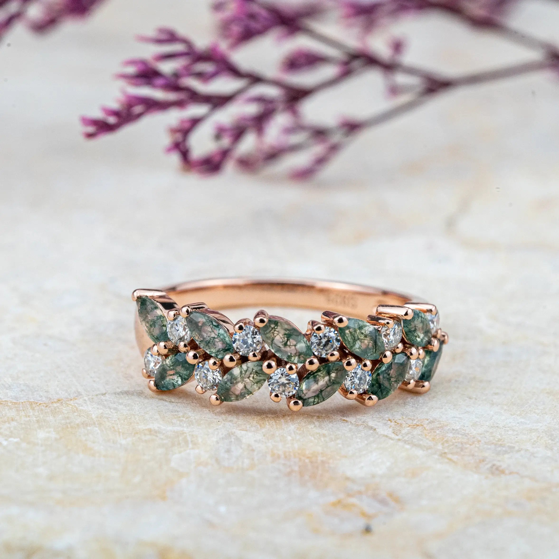 Moss Agate & Diamond Wedding Band | Nature-Inspired Design Art Rings Row setting ring