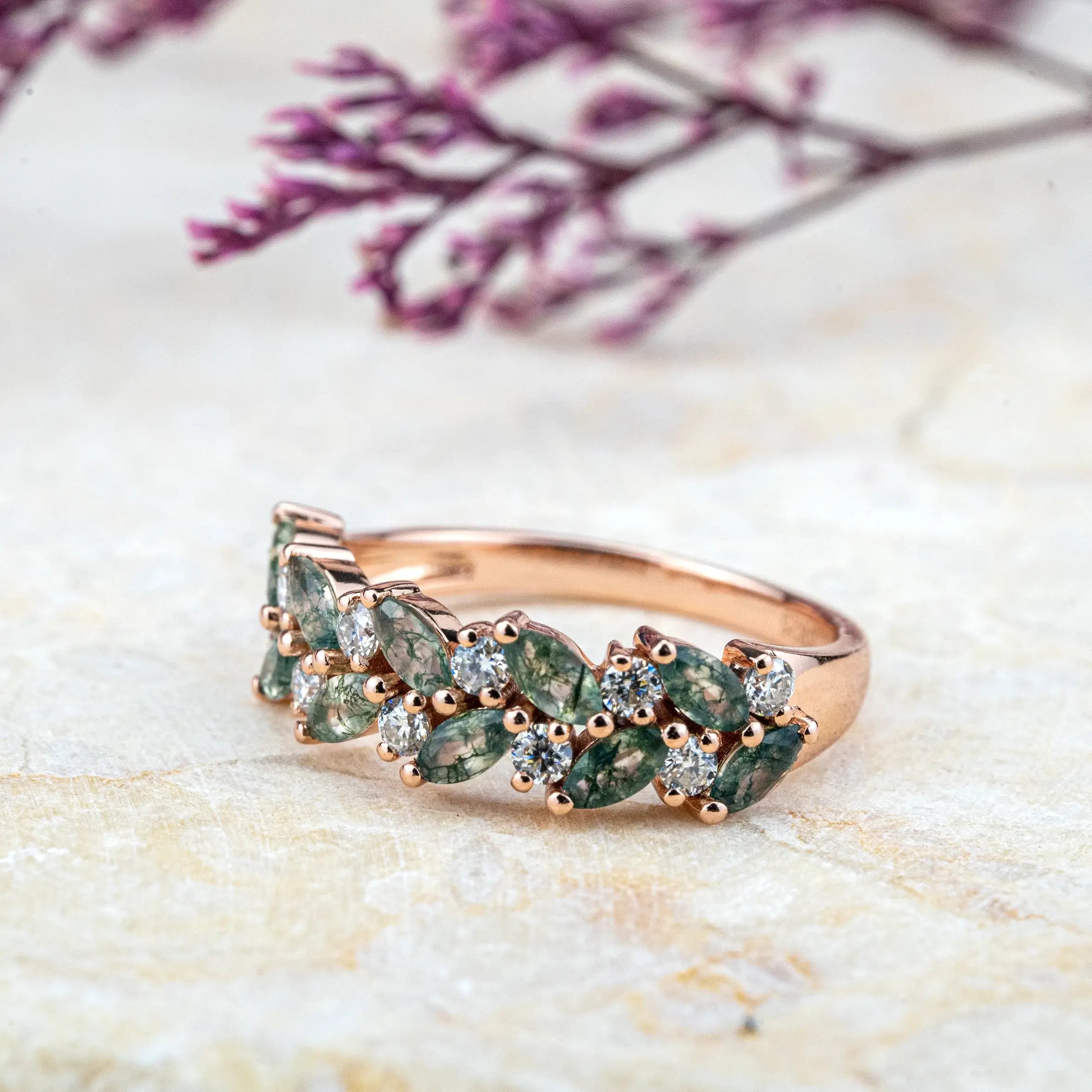 Moss Agate & Diamond Wedding Band | Nature-Inspired Design Art Rings Row setting ring