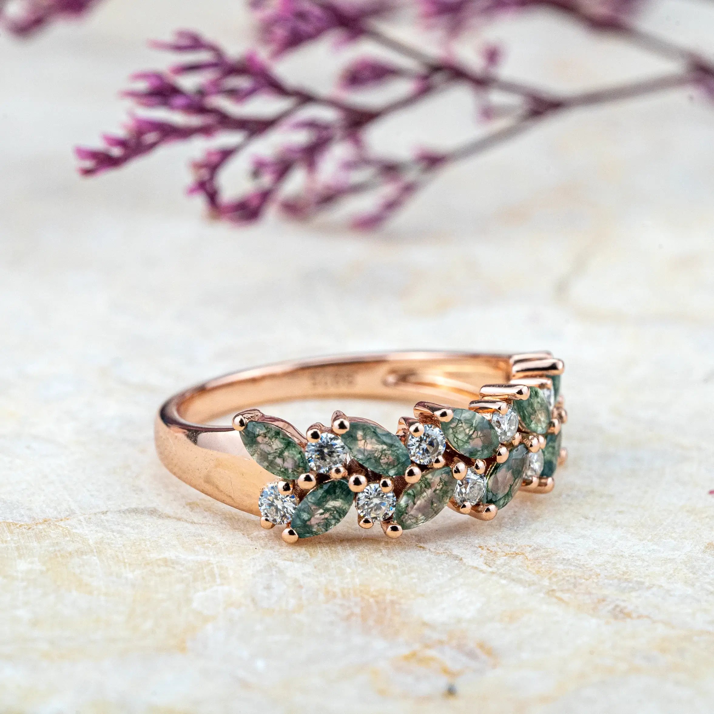 Moss Agate & Diamond Wedding Band | Nature-Inspired Design Art Rings Row setting ring