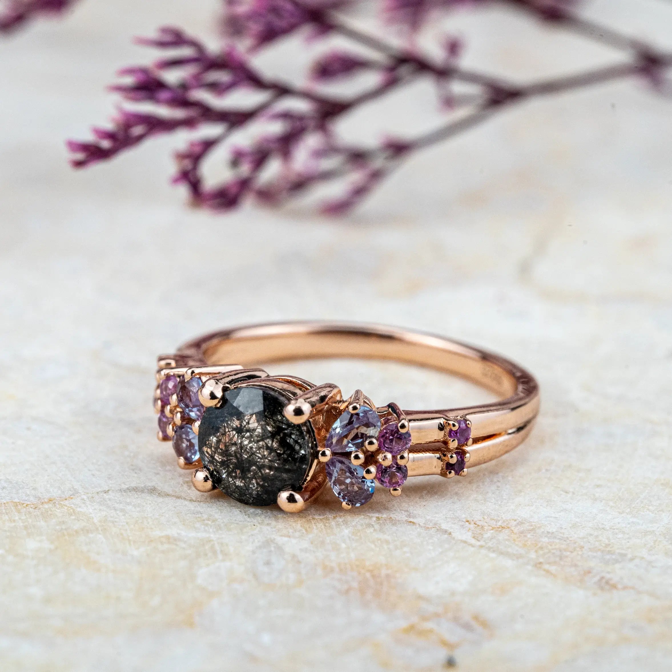 Black Rutilated Quartz Engagement Rings | Handmade Rose Gold Cluster Rings Rrt Design Jewelry FOR WOMEN