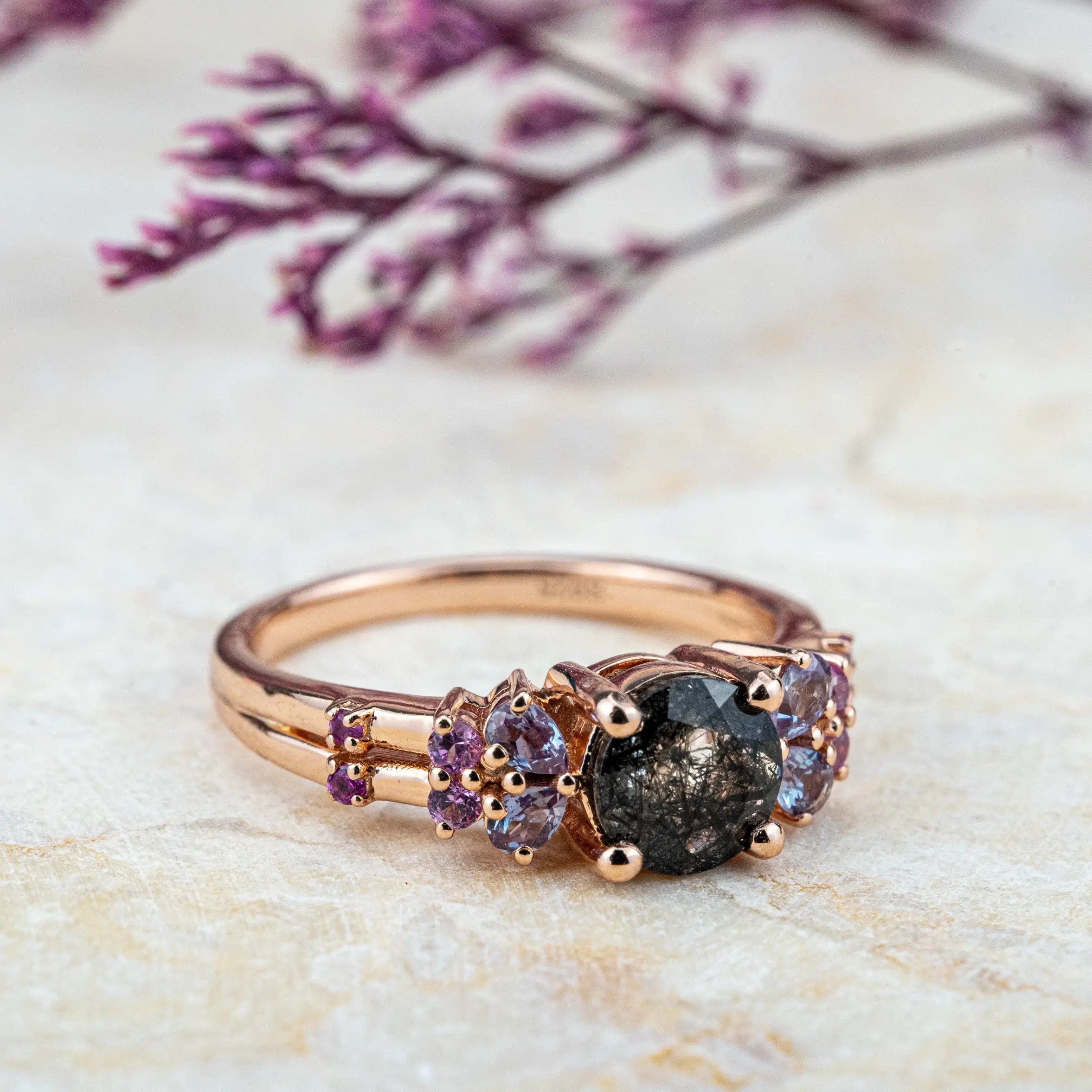 Black Rutilated Quartz Engagement Rings | Handmade Rose Gold Cluster Rings Rrt Design Jewelry FOR WOMEN