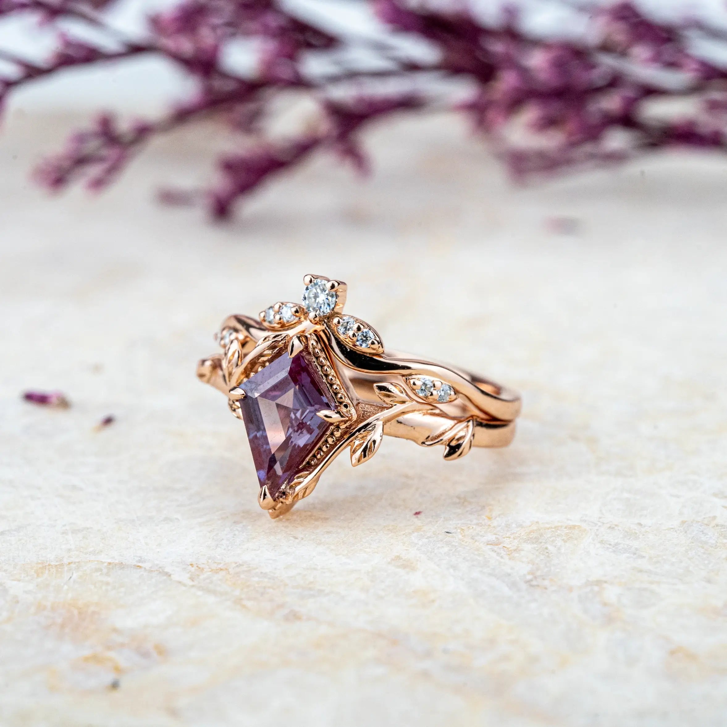 Alexandrite Bridal Set | Nature-Inspired Leaf Engagement Ring Kite Cut Gem Anniversary ring