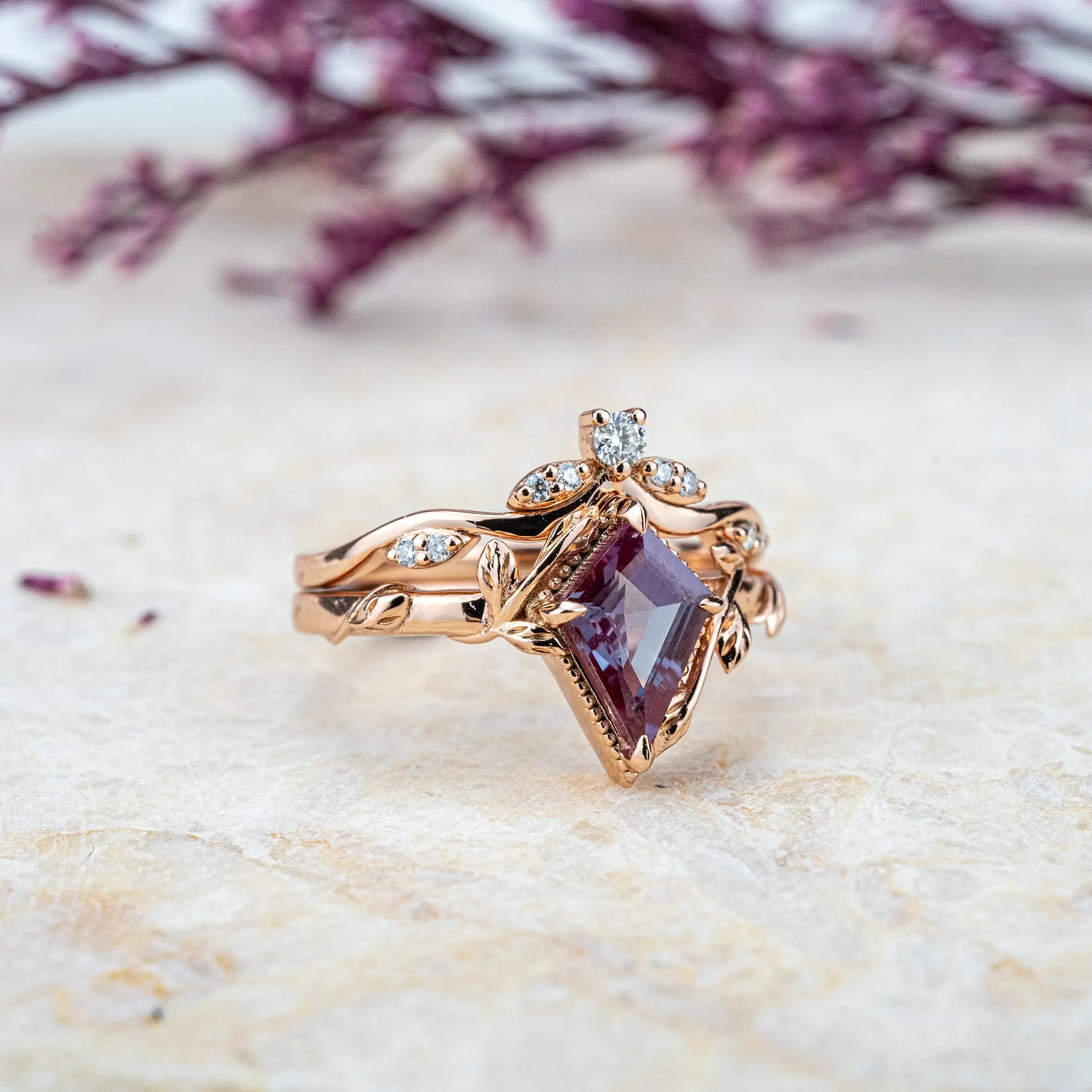 Alexandrite Bridal Set | Nature-Inspired Leaf Engagement Ring Kite Cut Gem Anniversary ring