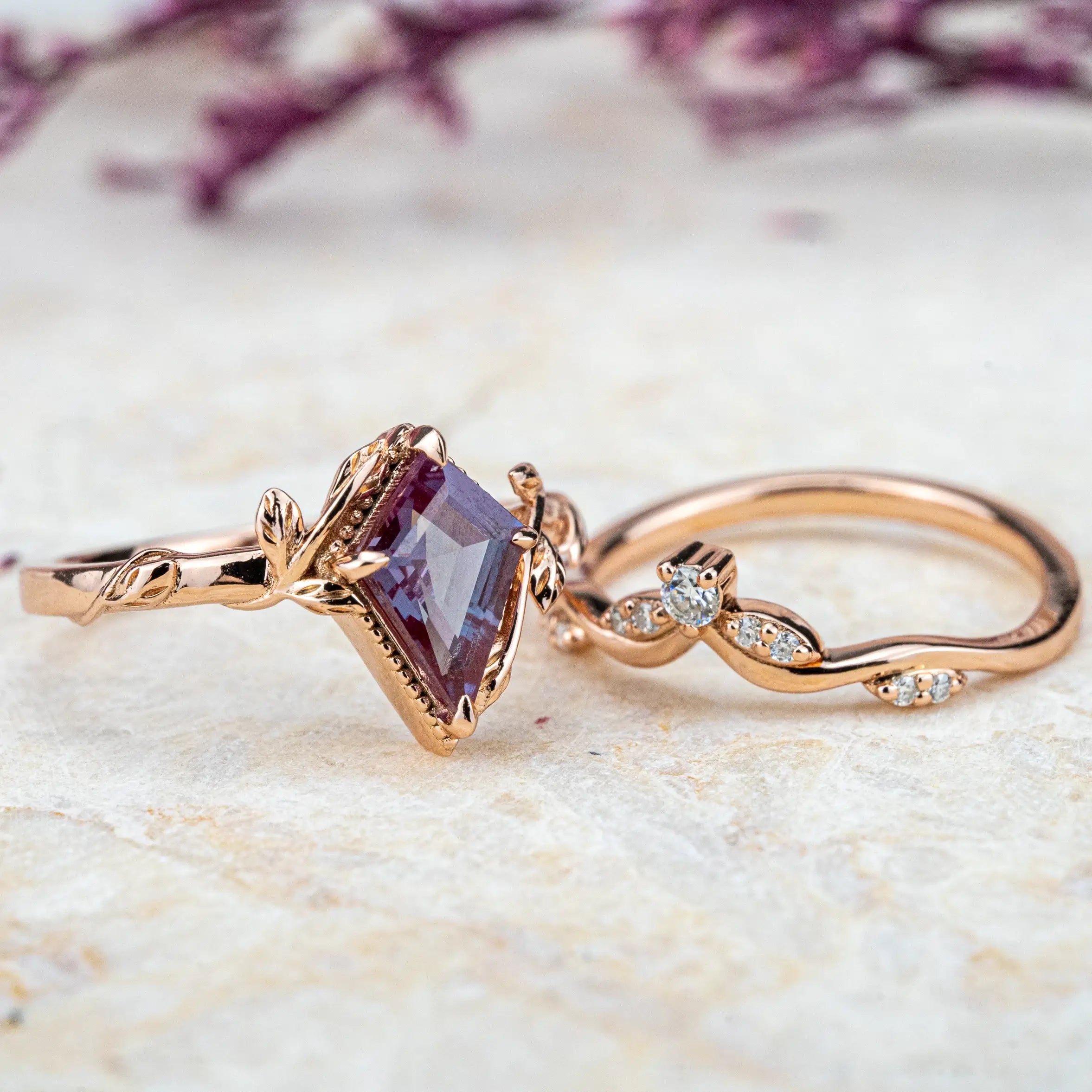 Alexandrite Bridal Set | Nature-Inspired Leaf Engagement Ring Kite Cut Gem Anniversary ring