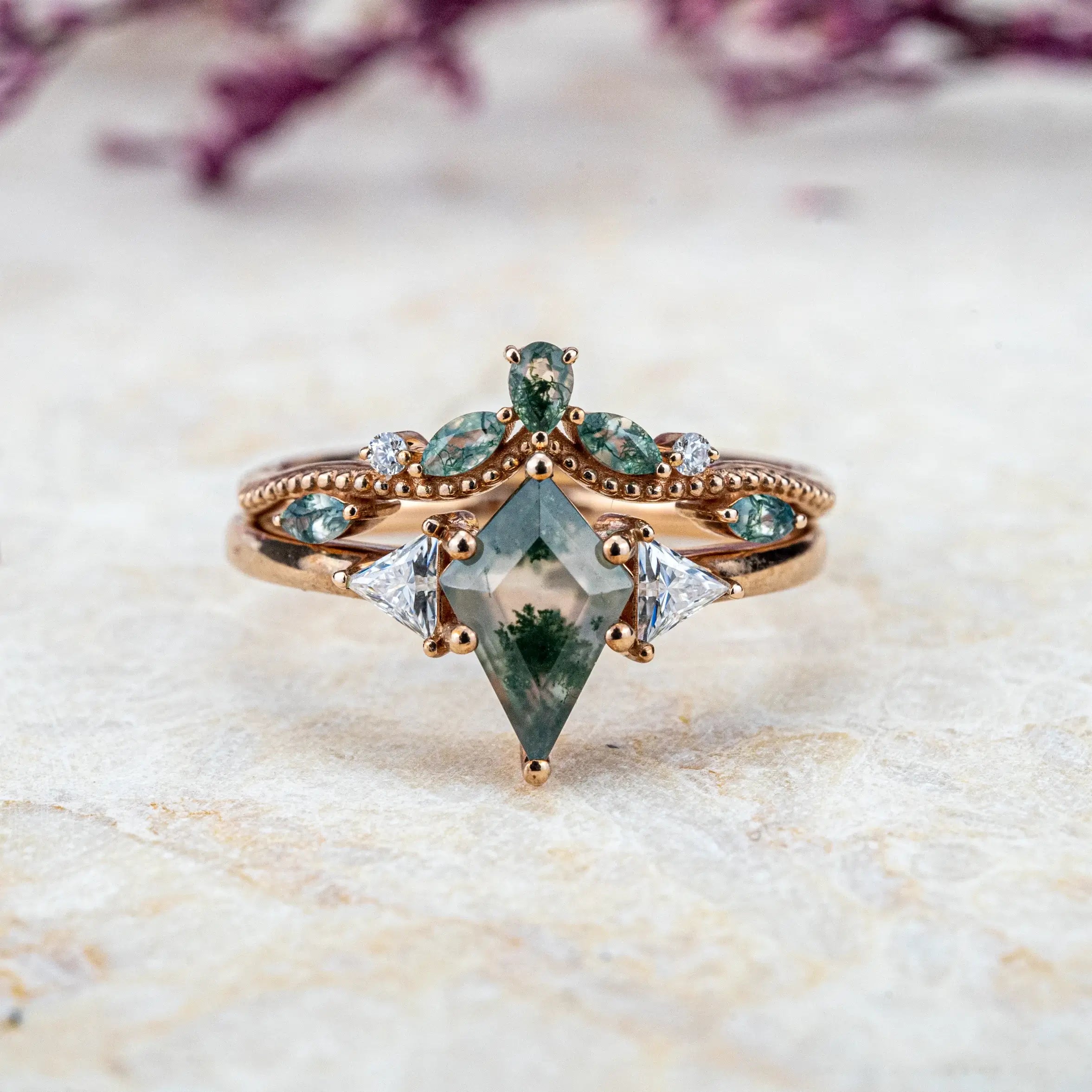 Kite Cut Moss Agate Engagement Ring Set Three Stone Ring Vintage Rings Custom Handmade Jewelry