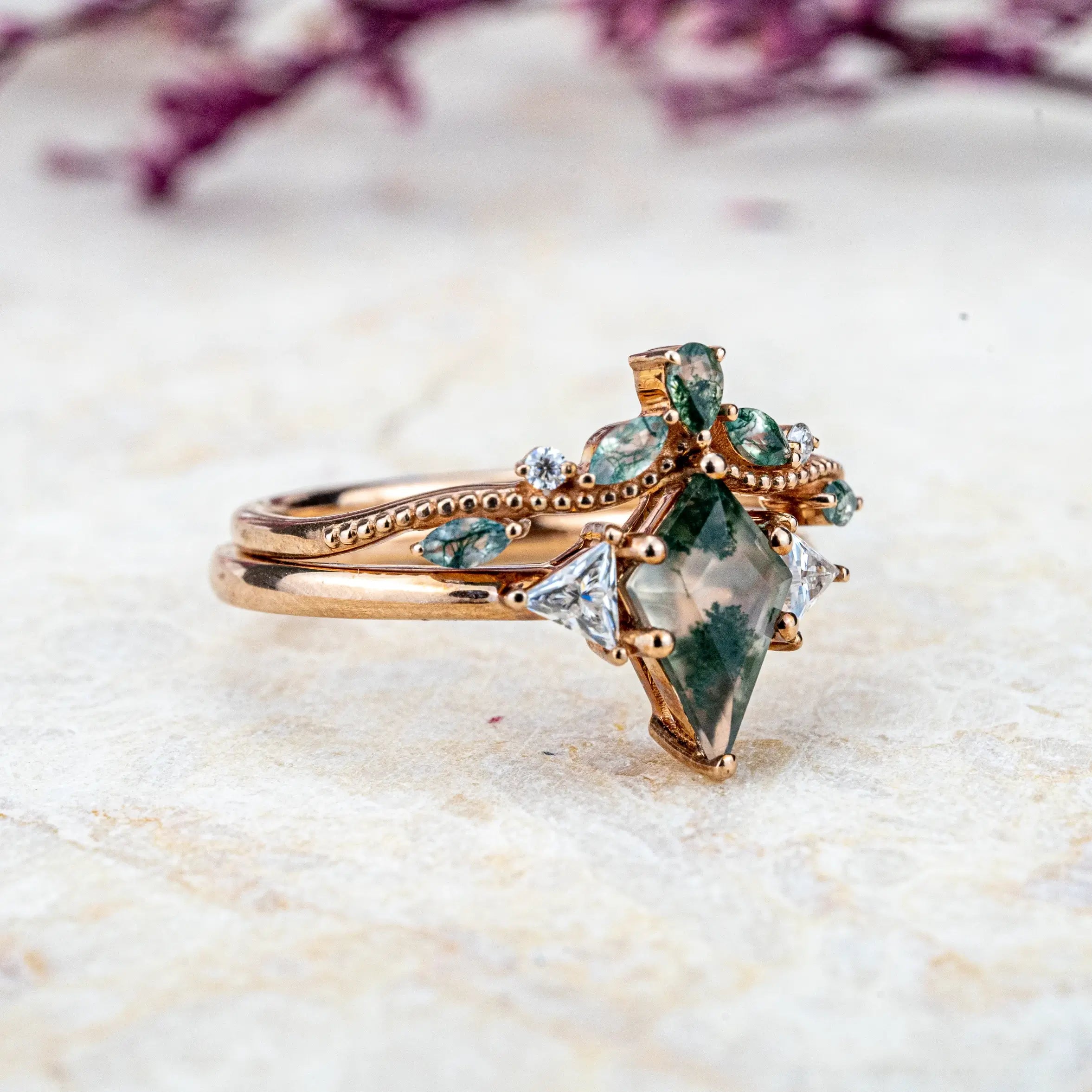 Kite Cut Moss Agate Engagement Ring Set Three Stone Ring Vintage Rings Custom Handmade Jewelry