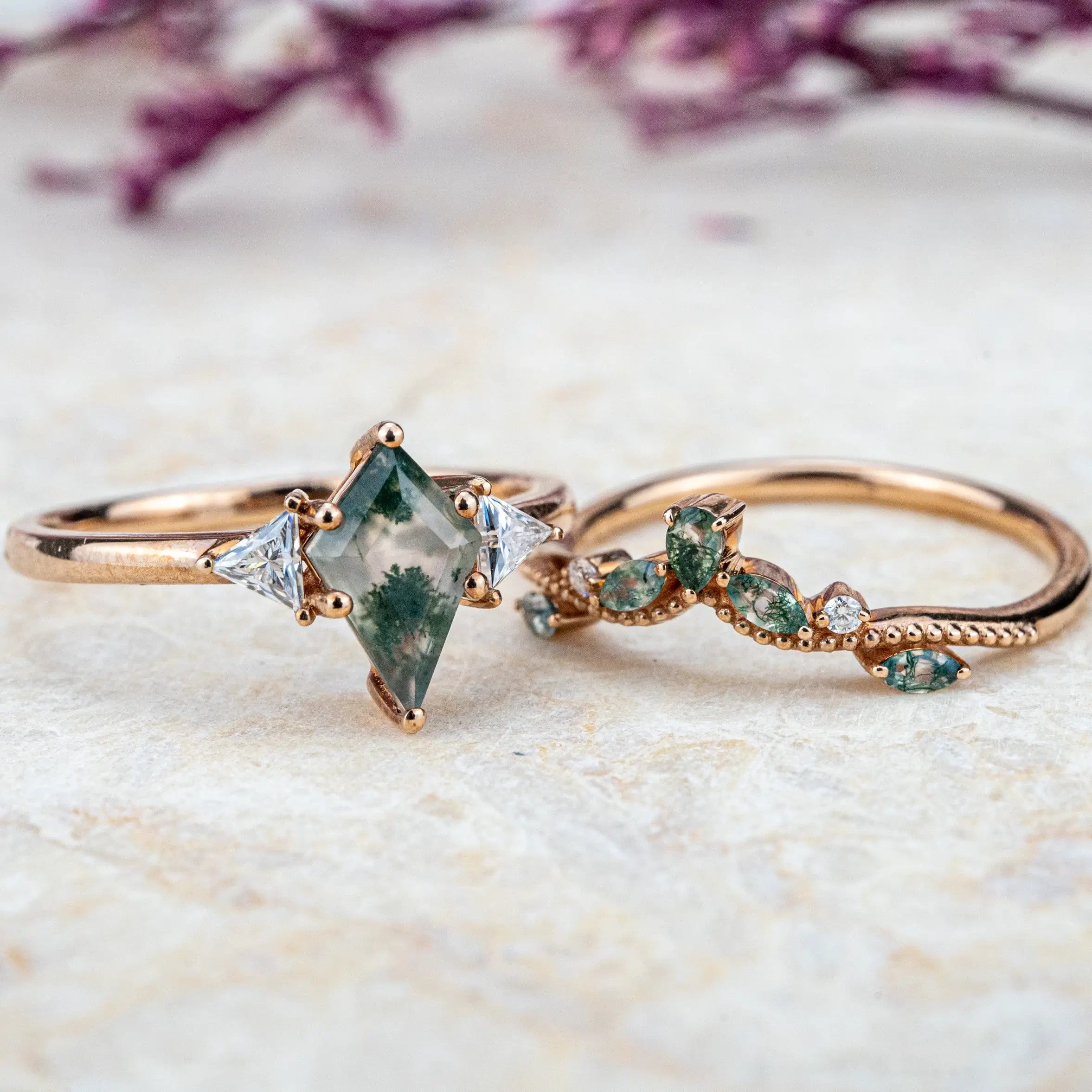 Kite Cut Moss Agate Engagement Ring Set Three Stone Ring Vintage Rings Custom Handmade Jewelry