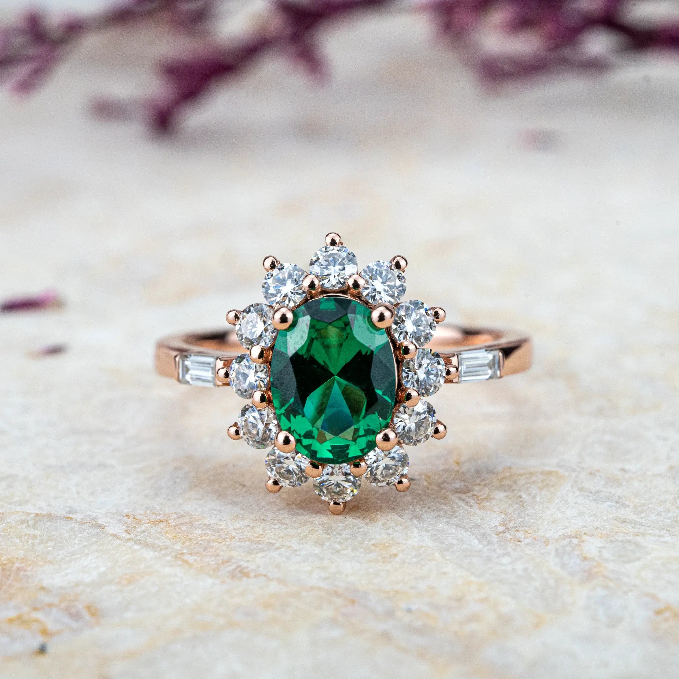 Emerald Sunburst Ring – Timeless Gold Halo Engagement Ring oval cut lab gemstone