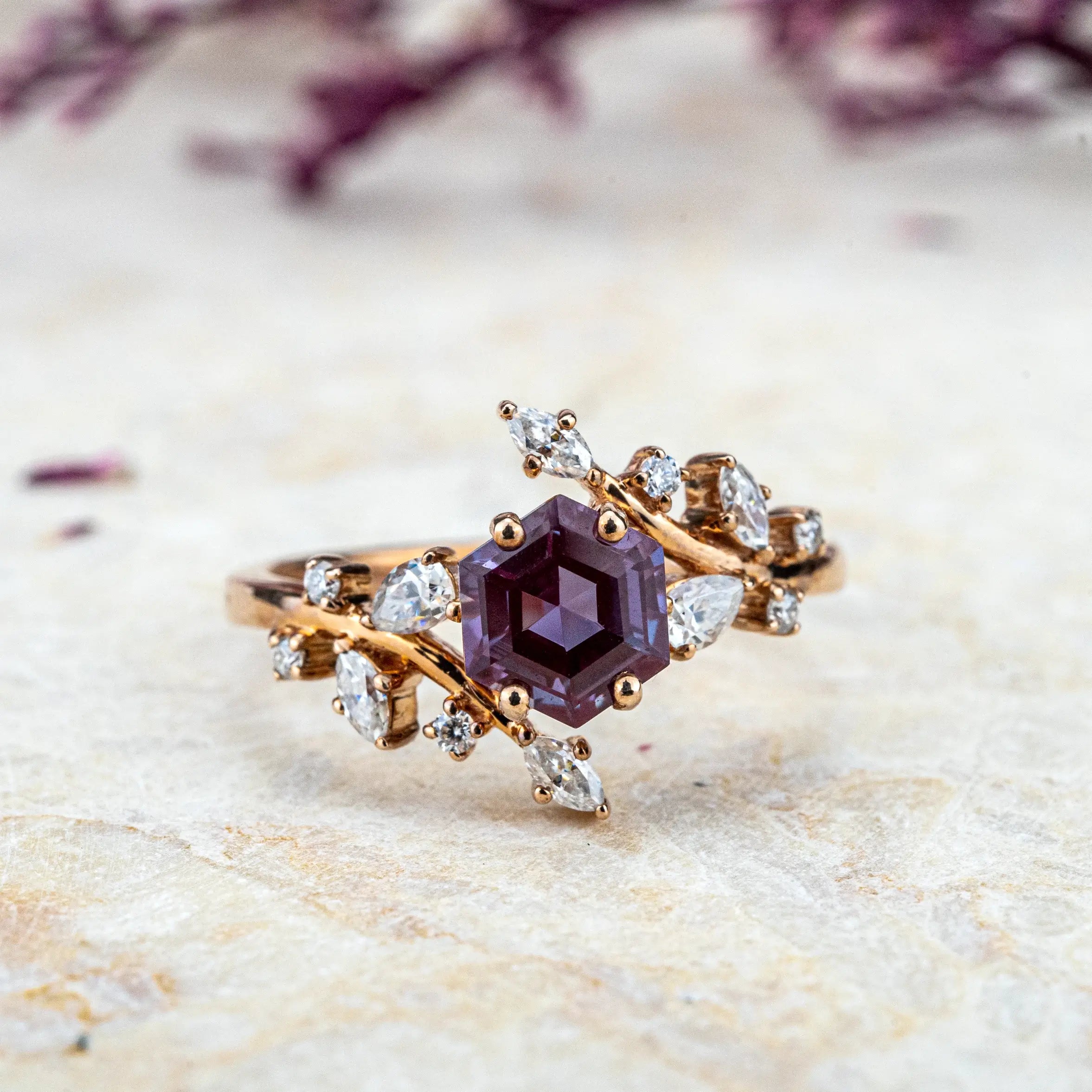 Art Alexandrite Ring | Floral Natural-Inspired Engagement Rings