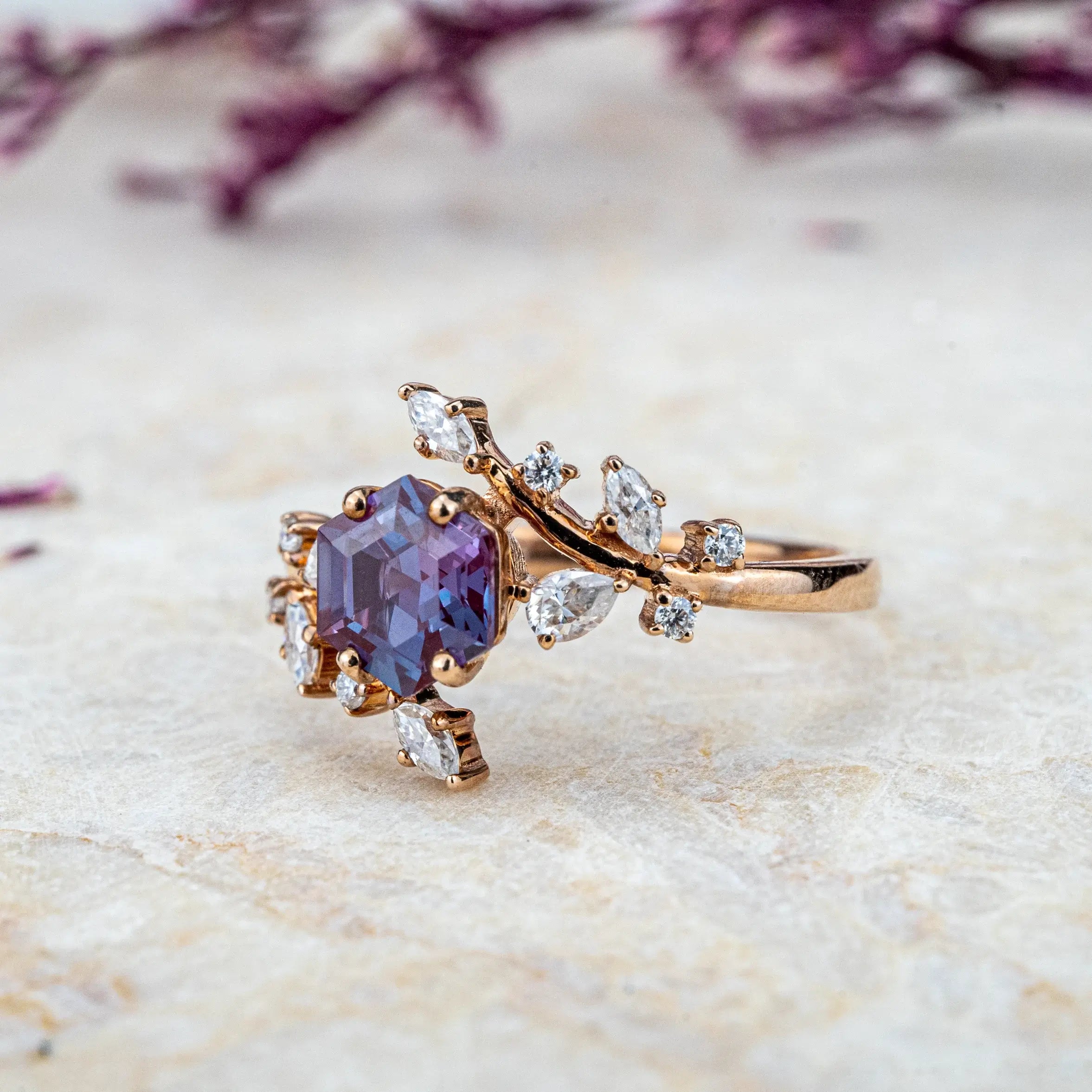 Art Alexandrite Ring | Floral Natural-Inspired Engagement Rings