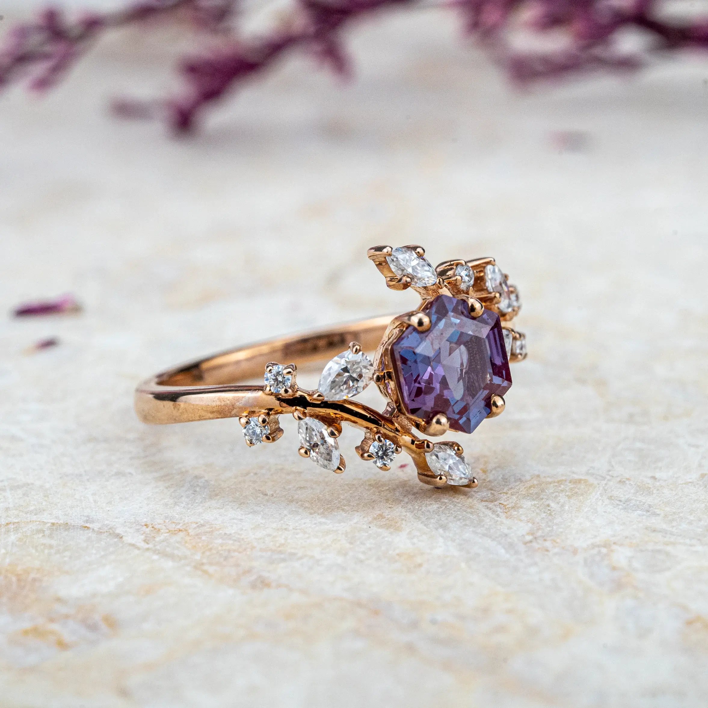 Art Alexandrite Ring | Floral Natural-Inspired Engagement Rings