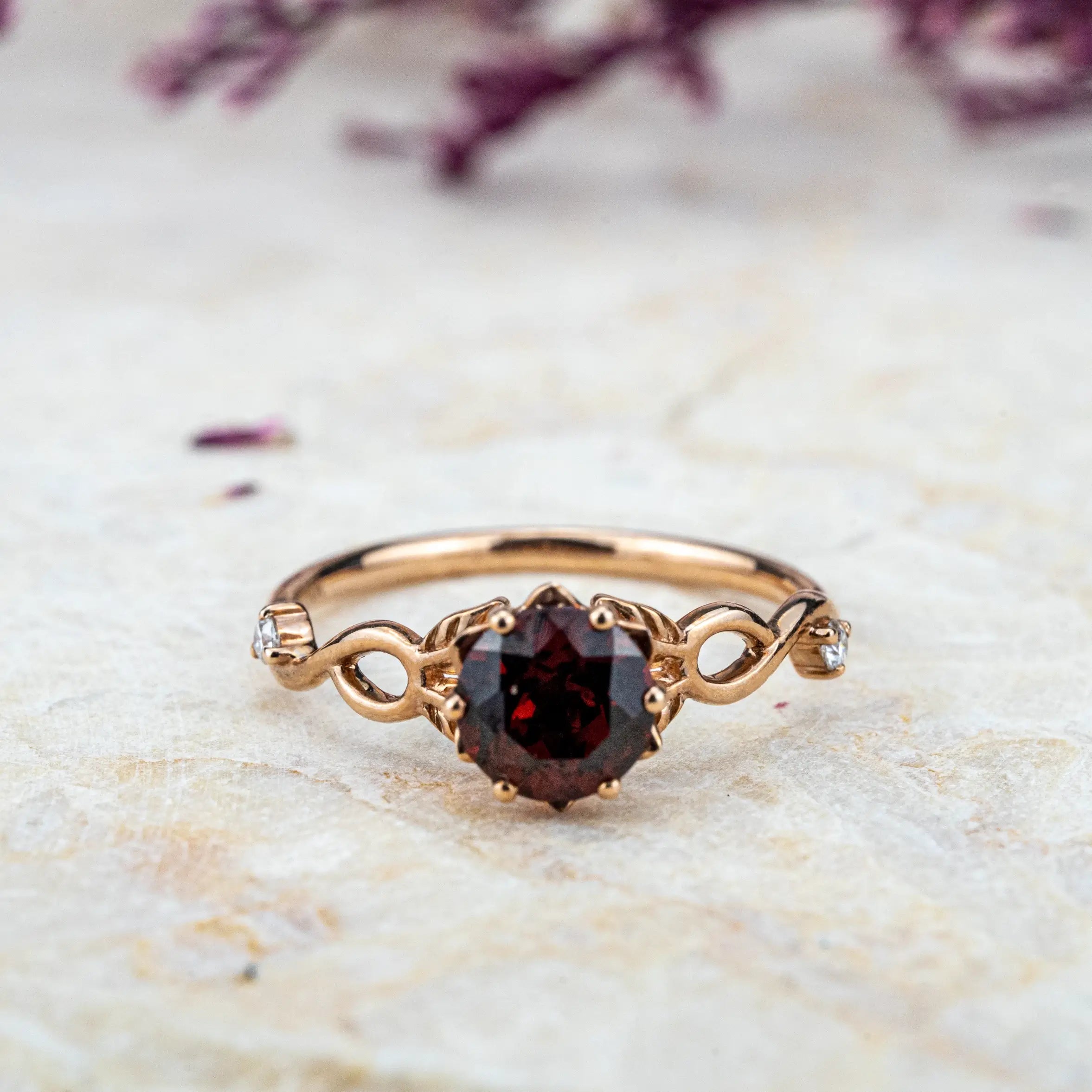 Custom Red Garnet Leaf Ring | Nature-Inspired Promise Engagement Rings