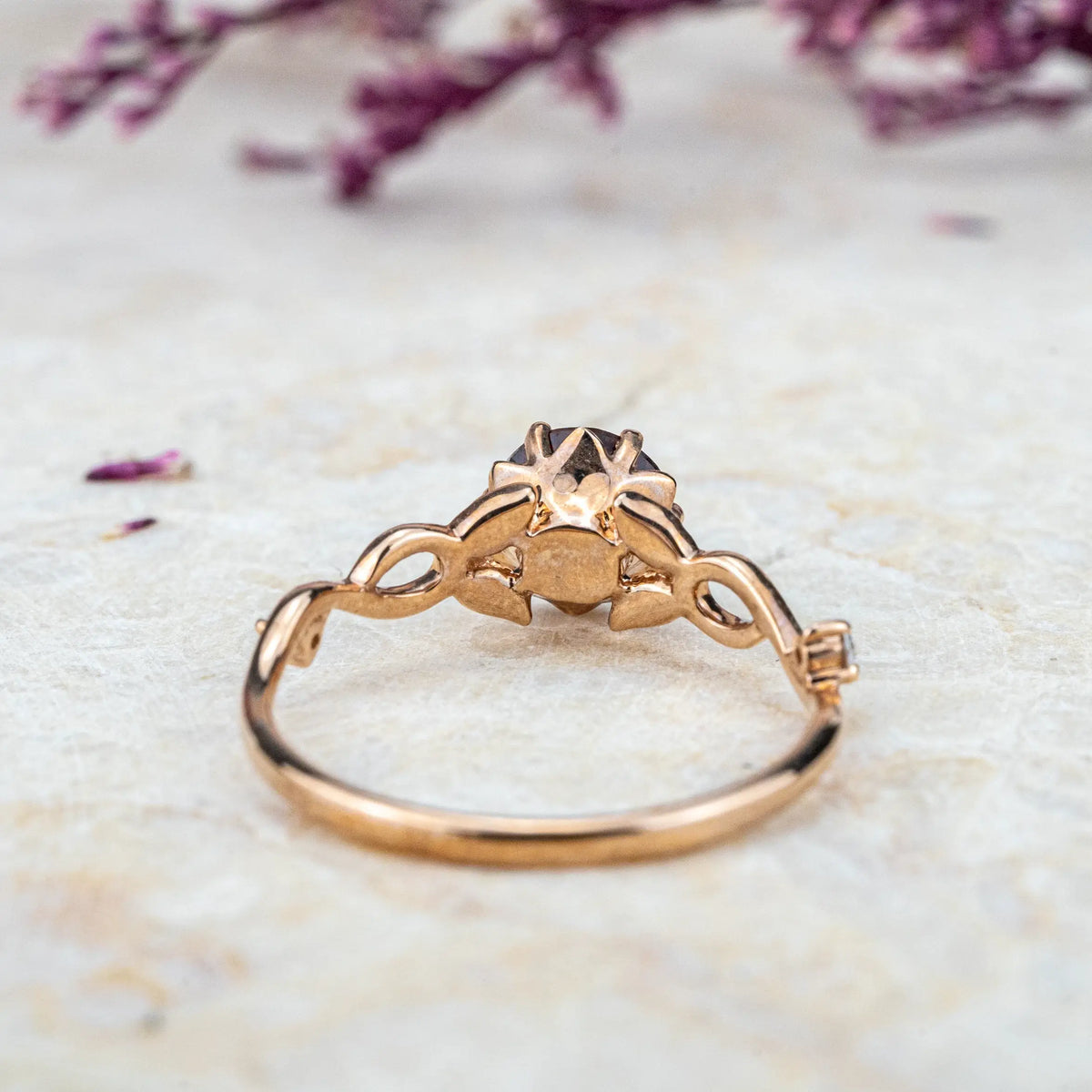 Custom Red Garnet Leaf Ring | Nature-Inspired Promise Engagement Rings