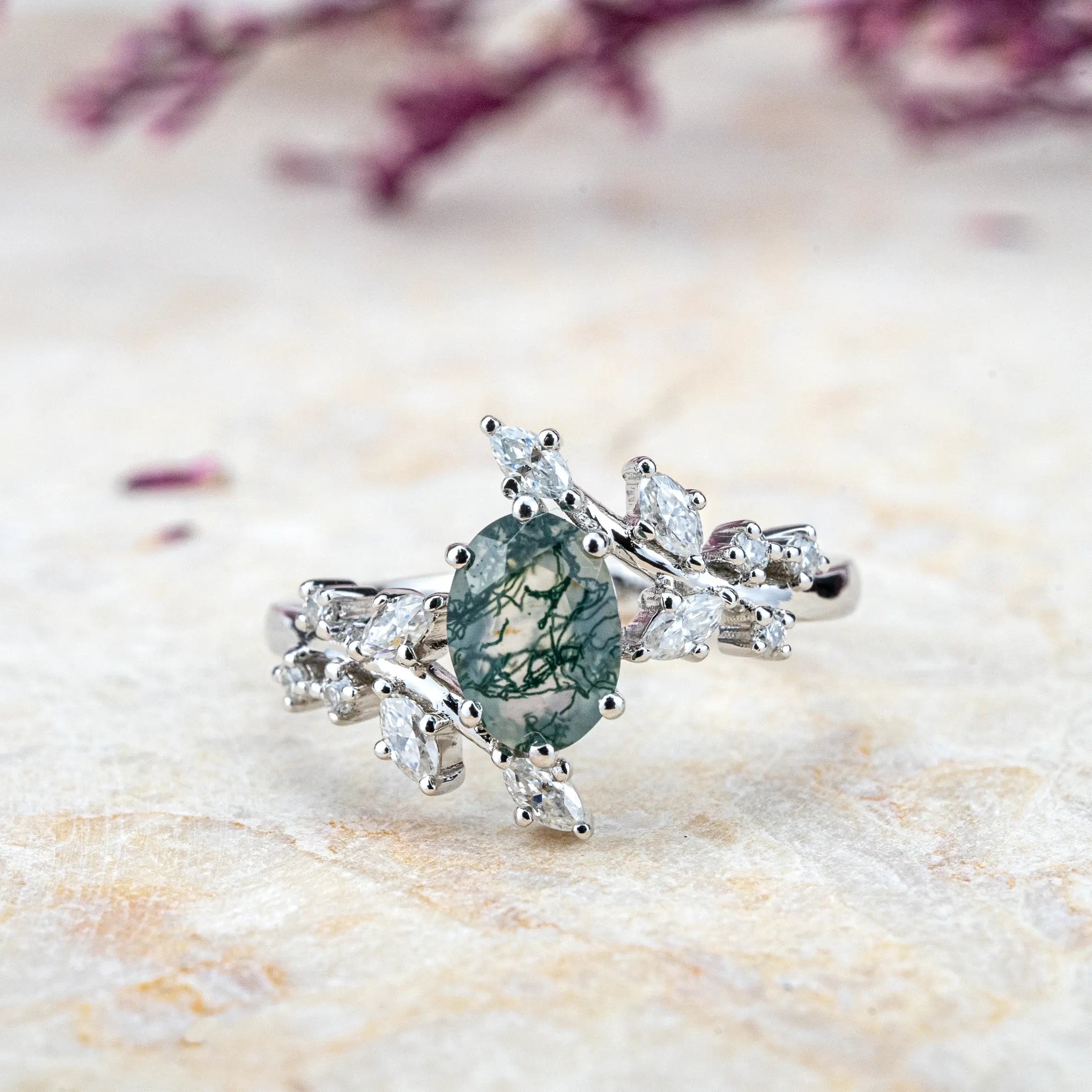 Custom handmade Moss Agate Engagement Rings | Nature-Inspired Design anniversary ring | orleone brand jewelry white gold rings