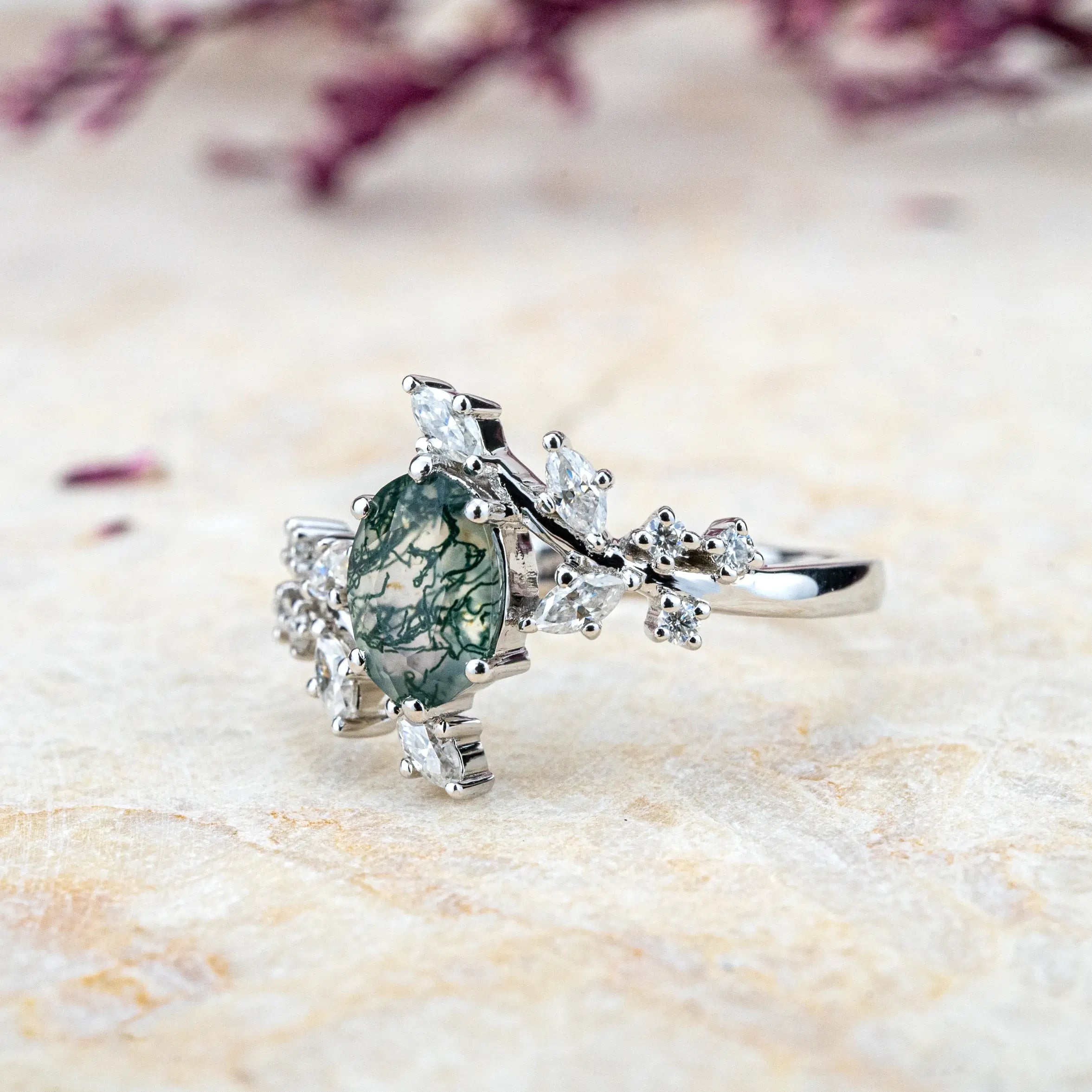 Custom handmade Moss Agate Engagement Rings Nature-Inspired Design anniversary ring orleone brand jewelry white gold rings