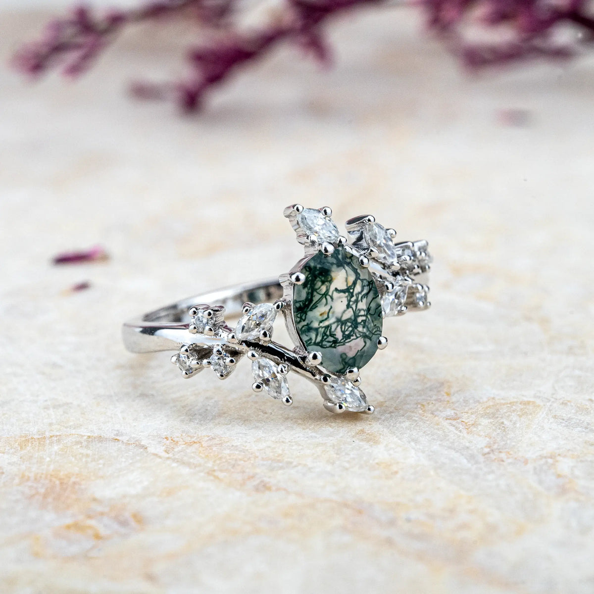 Custom handmade Moss Agate Engagement Rings Nature-Inspired Design anniversary ring orleone brand jewelry white gold rings