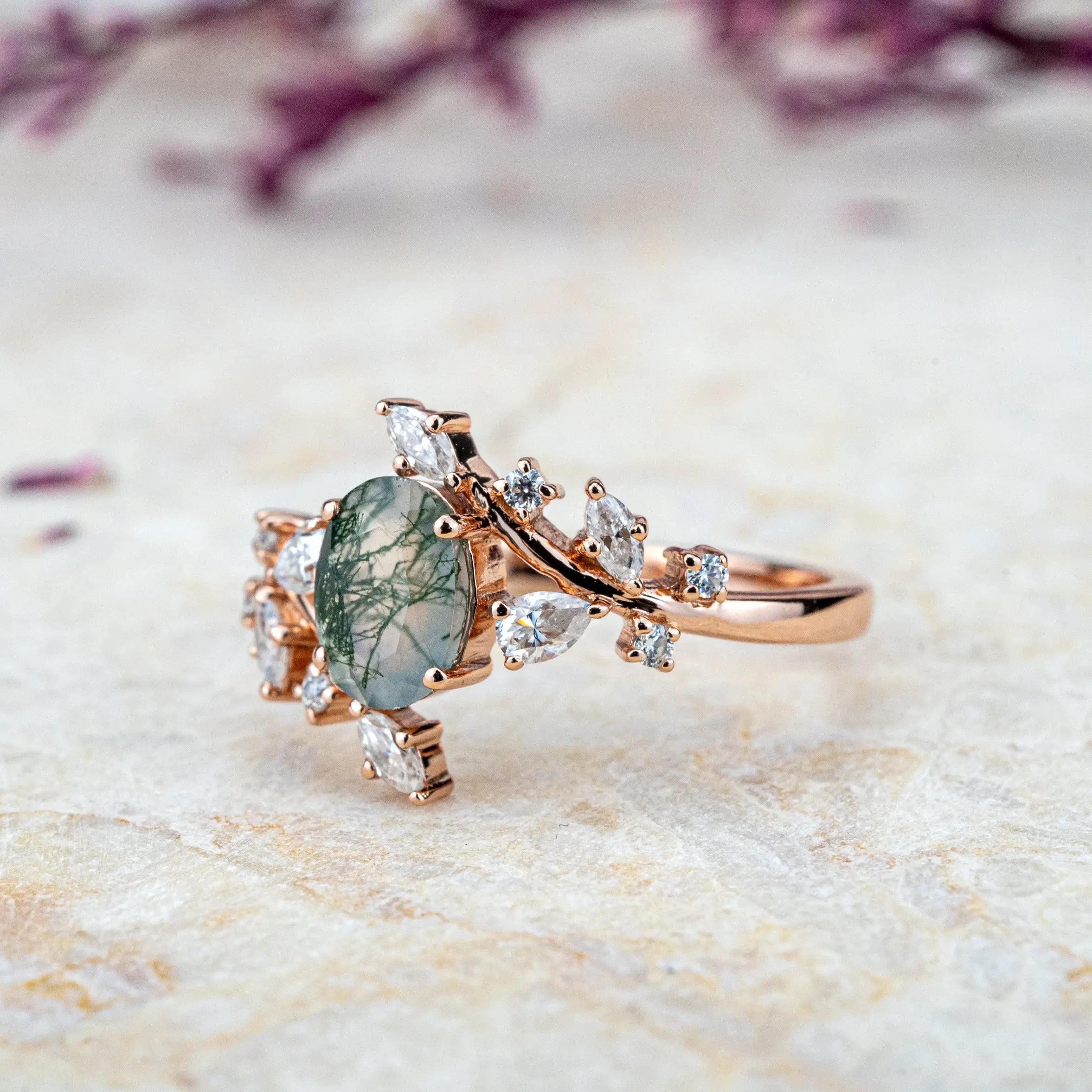 Oval Cut Moss Agate Ring For Ladies Nature Inspired Design Flora Rings Custom Unique artt rings anniversary gift