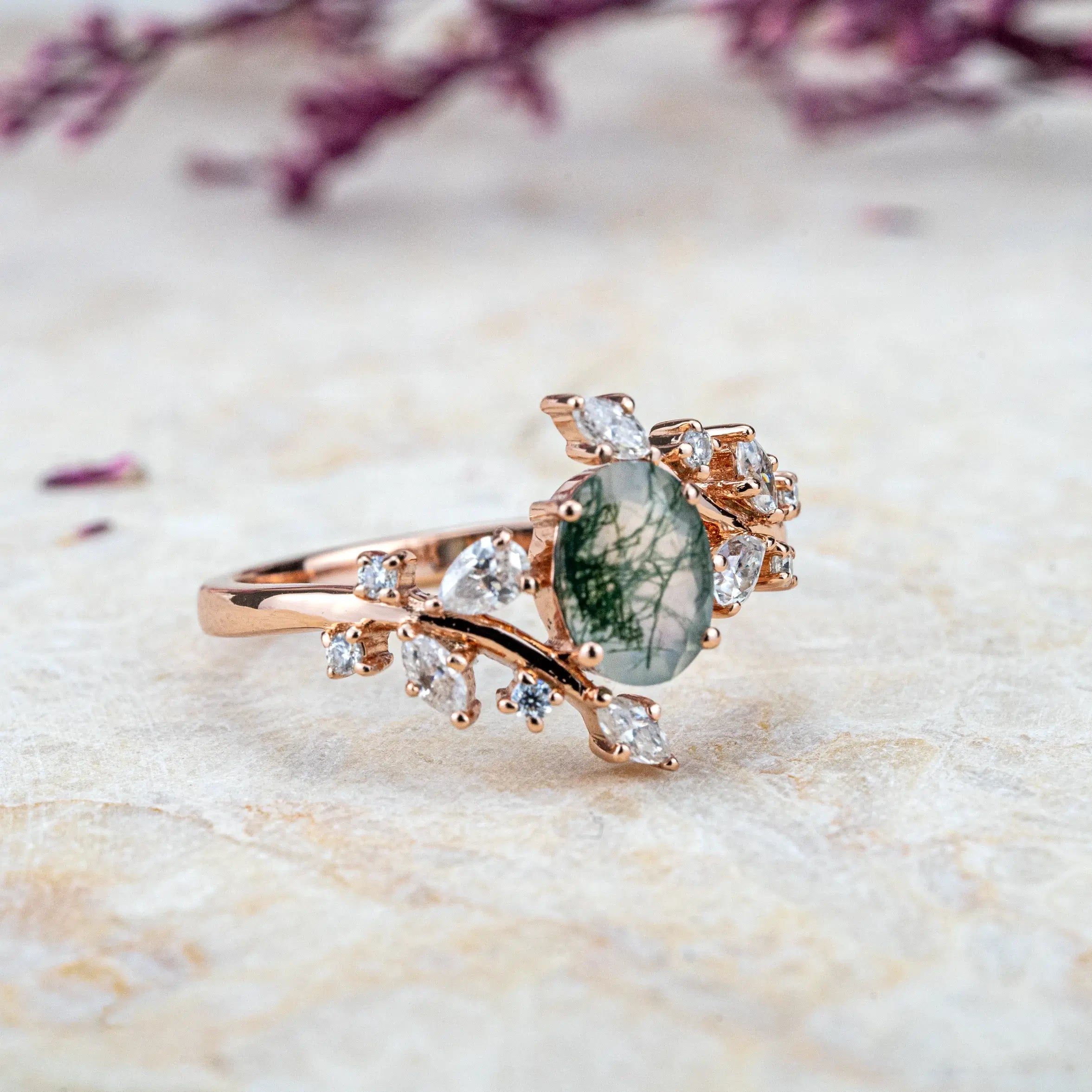 Oval Cut Moss Agate Ring For Ladies Nature Inspired Design Flora Rings Custom Unique artt rings anniversary gift