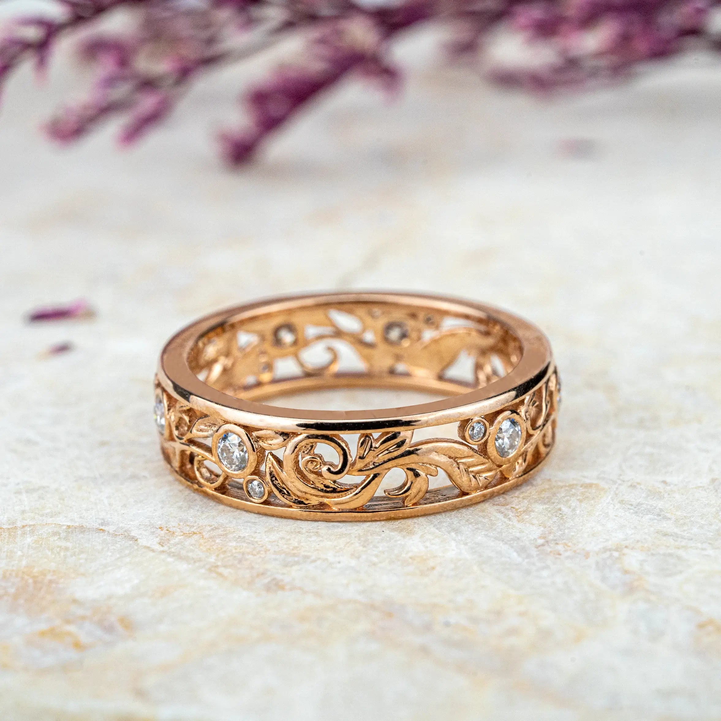 Unique Nature Inspired Design Leaf Ring Diamond Wedding Band Handmade Custom Gold band ORLEONE JEWELRY