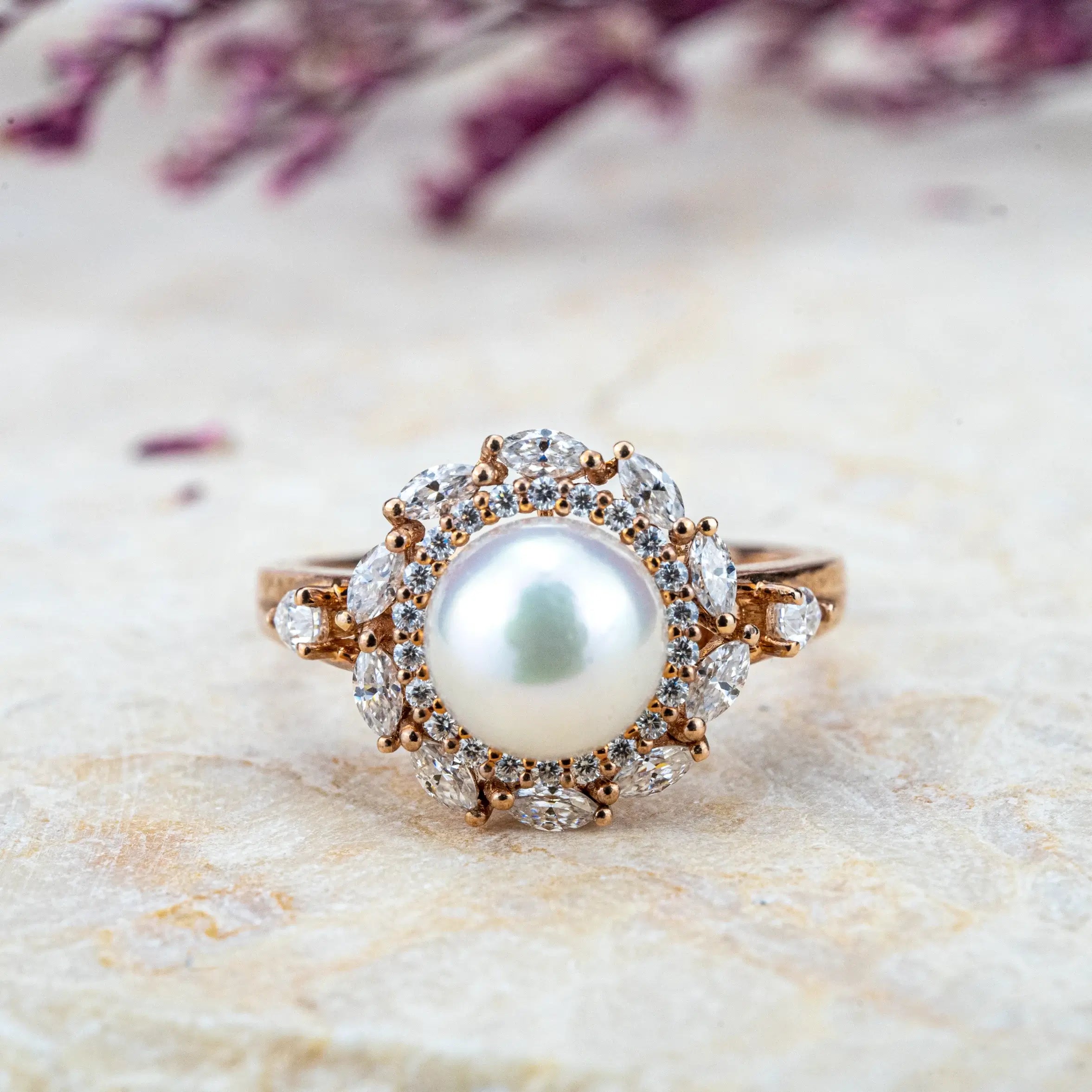 Pearl Blossom Halo Ring – Akoya Pearl and Moissanite Petal Design Luxury Engagement Rings | ORLEONE