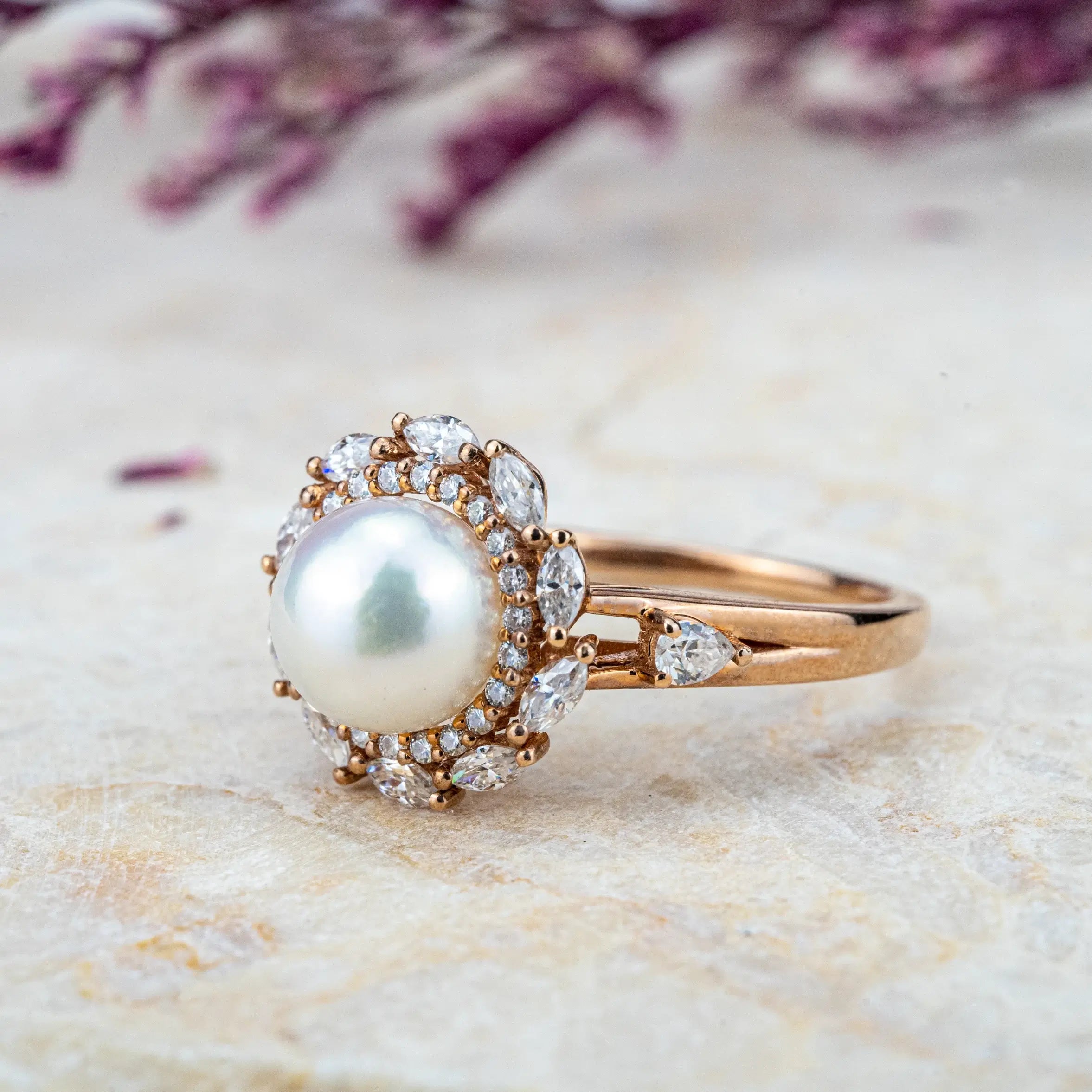 Pearl Blossom Halo Ring – Akoya Pearl and Moissanite Petal Design Luxury Engagement Rings | ORLEONE